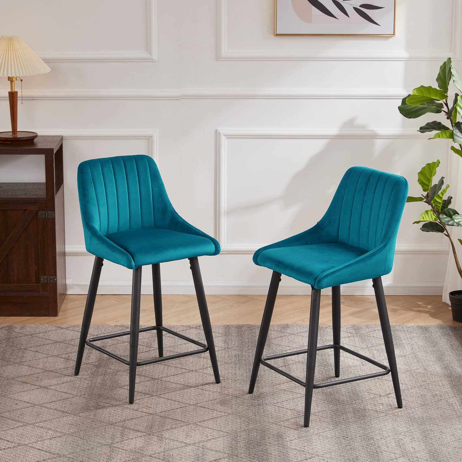 DUHOME 2-Pack Velvet Counter Height Bar Stools with Backrest & Footrest - Upholstered Kitchen Stools for Dining, Home Bar - Atrovirens Green - Perfect for Breakfast Nooks, Kitchen Islands & Small Space Entertaining