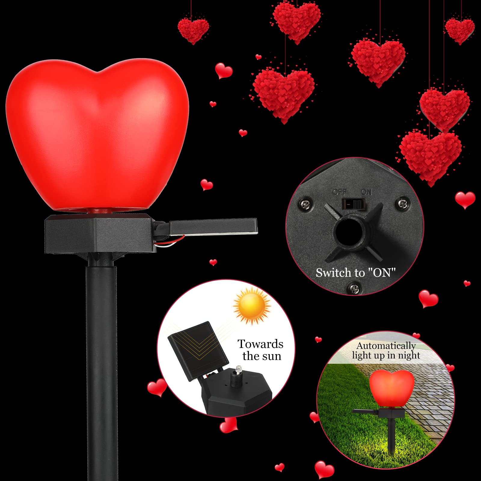 Hortsun 2 Pack Valentine's Day Solar Stake Lights - Red Heart Waterproof LED Garden Lights for Landscape, Warm White Solar Pathway Lighting for Patio, Lawn, Walkway - Perfect for Romantic Outdoor Decor & Evening Ambiance