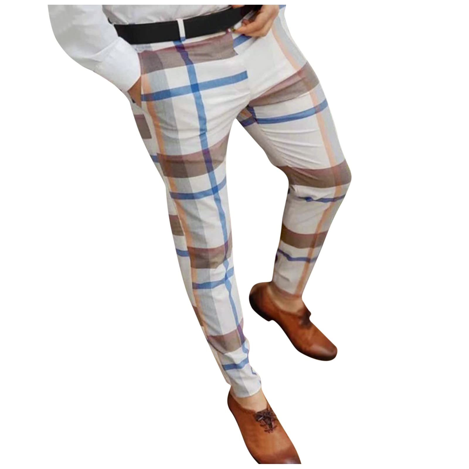 Men's Casual Plaid Print Skinny Pencil Pants with Zipper & Elastic Waist - Comfortable Stretch Trousers for Work, Office, and Everyday Wear