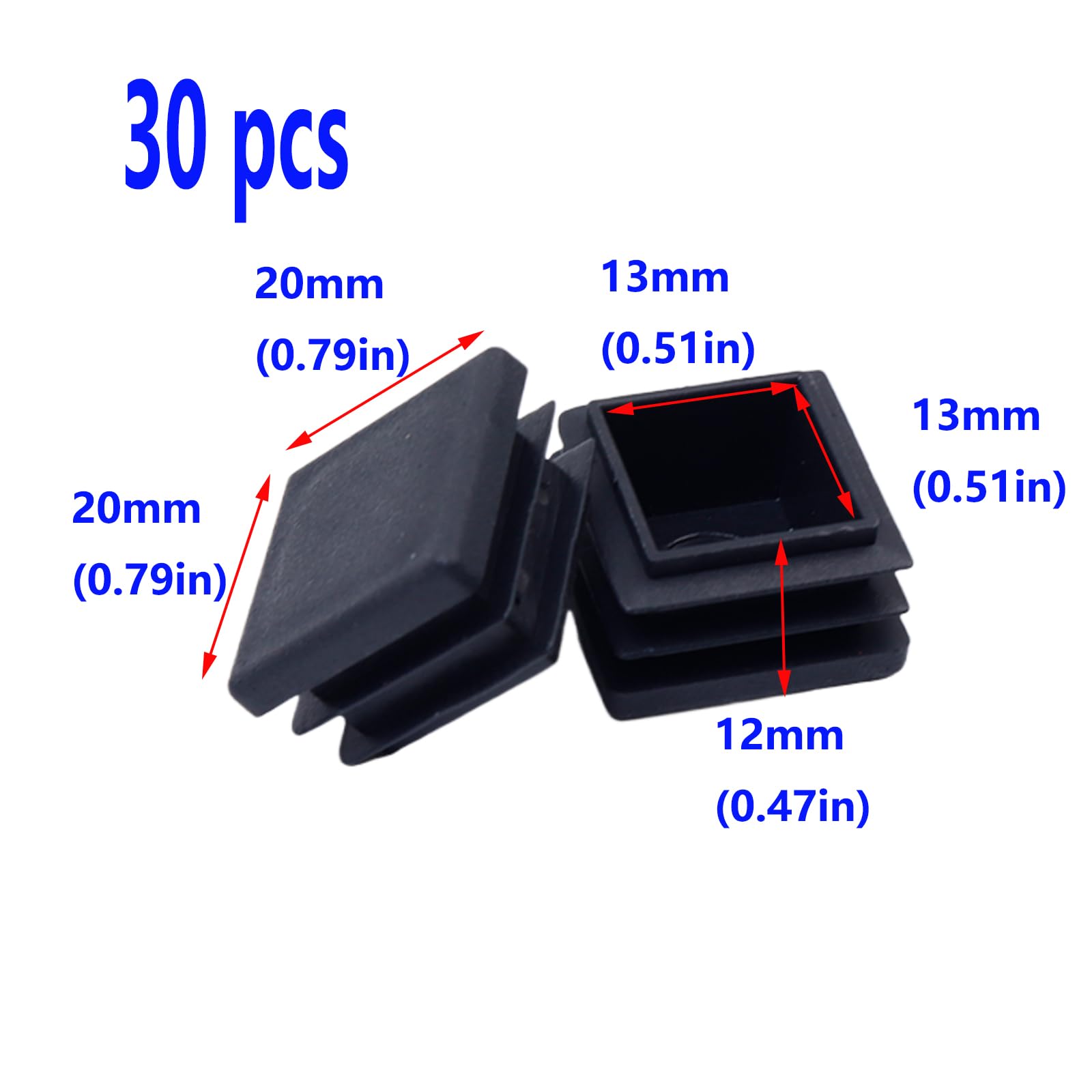 20 x 20mm Black Square Tube Plugs - Plastic Furniture End Caps for Chair Legs & Table Tubes - Pack of 30 - Perfect for DIY Furniture Assembly & Home Decor Projects
