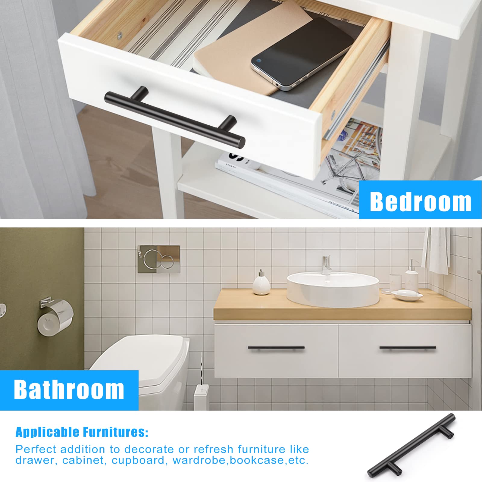 KNOBWELL 12 Pack 4 Inch Matte Black Cabinet Pulls - Stainless Steel Drawer Handles for Kitchen & Bathroom (6-2/5