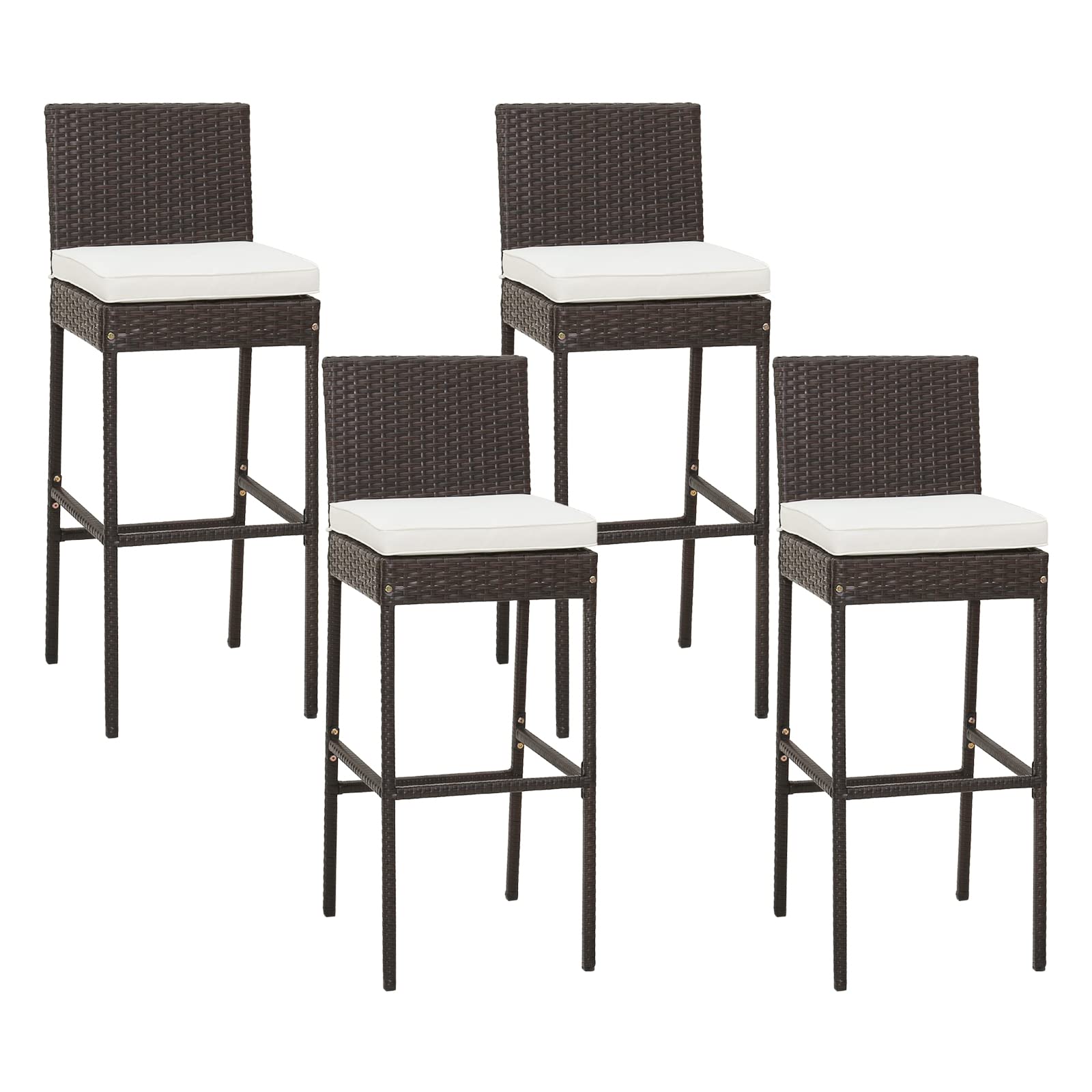 RELAX4LIFE Outdoor Bar Stools Set of 4 - Wicker Rattan Patio Barstools with Backrest, Footrest & Seat Cushions - Heavy Duty 400LBS Capacity Metal Frame Counter Height Stools (30 Inch, Mix Brown) - Perfect for Backyard, Deck, Poolside & Outdoor Dining Areas