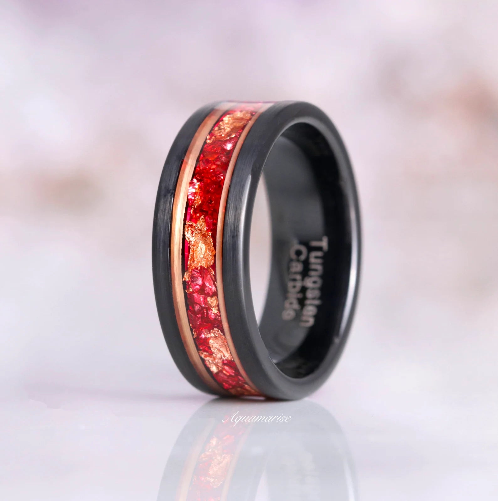 Skye Kite™ Ruby & Rose Gold Leaf Couple Rings for Women & Men - Romantic Matching Wedding Bands, Anniversary Gift for Her & Him - Perfect for Valentine's Day, Engagement & Special Occasions