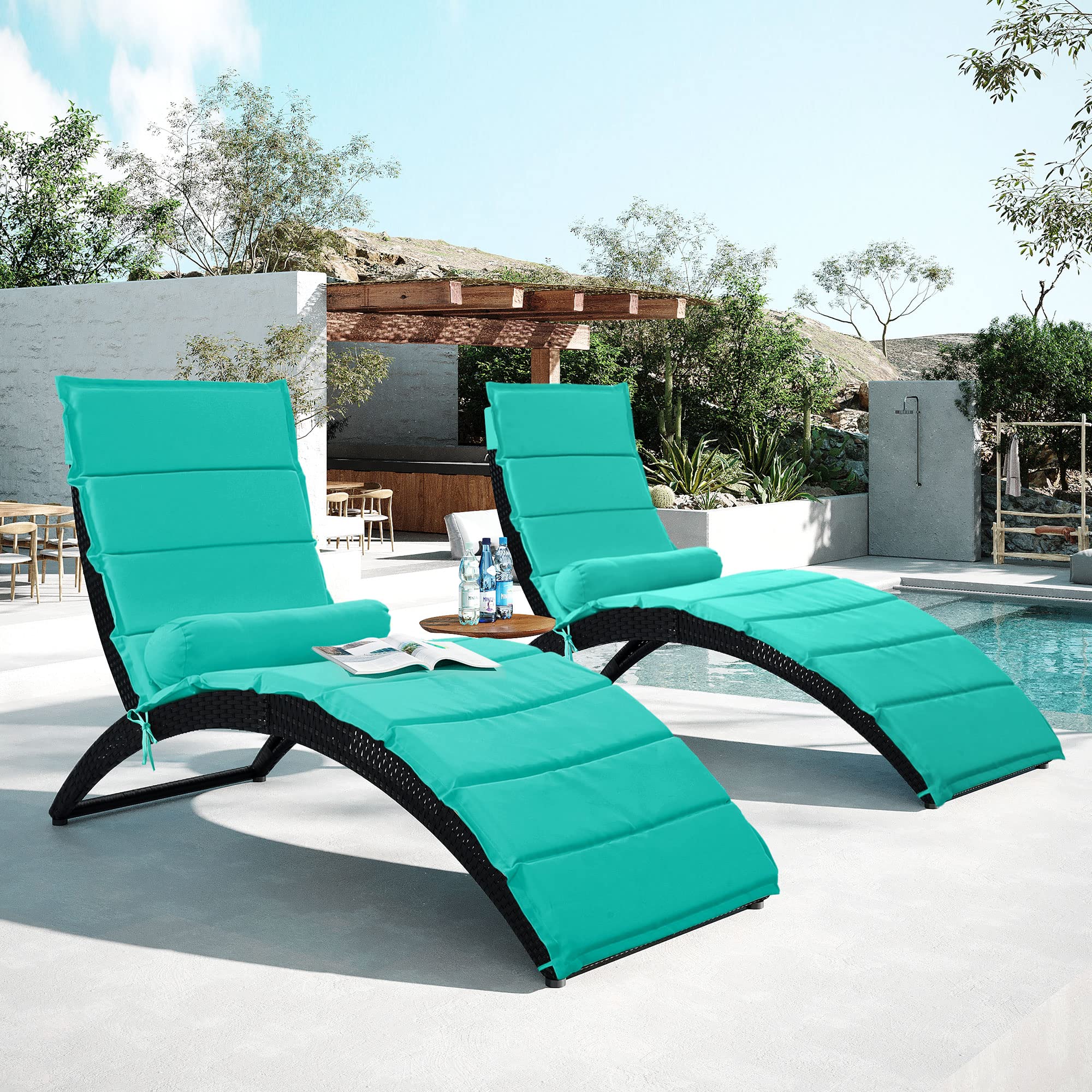 Merax Outdoor Chaise Lounge Chair with Cushions - PE Rattan Wicker Sun Lounger for Poolside, Patio, Lawn & Garden - Blue Wave Chaise (Set of 2) - Perfect for Relaxing by the Pool, Sunbathing, and Outdoor Lounging