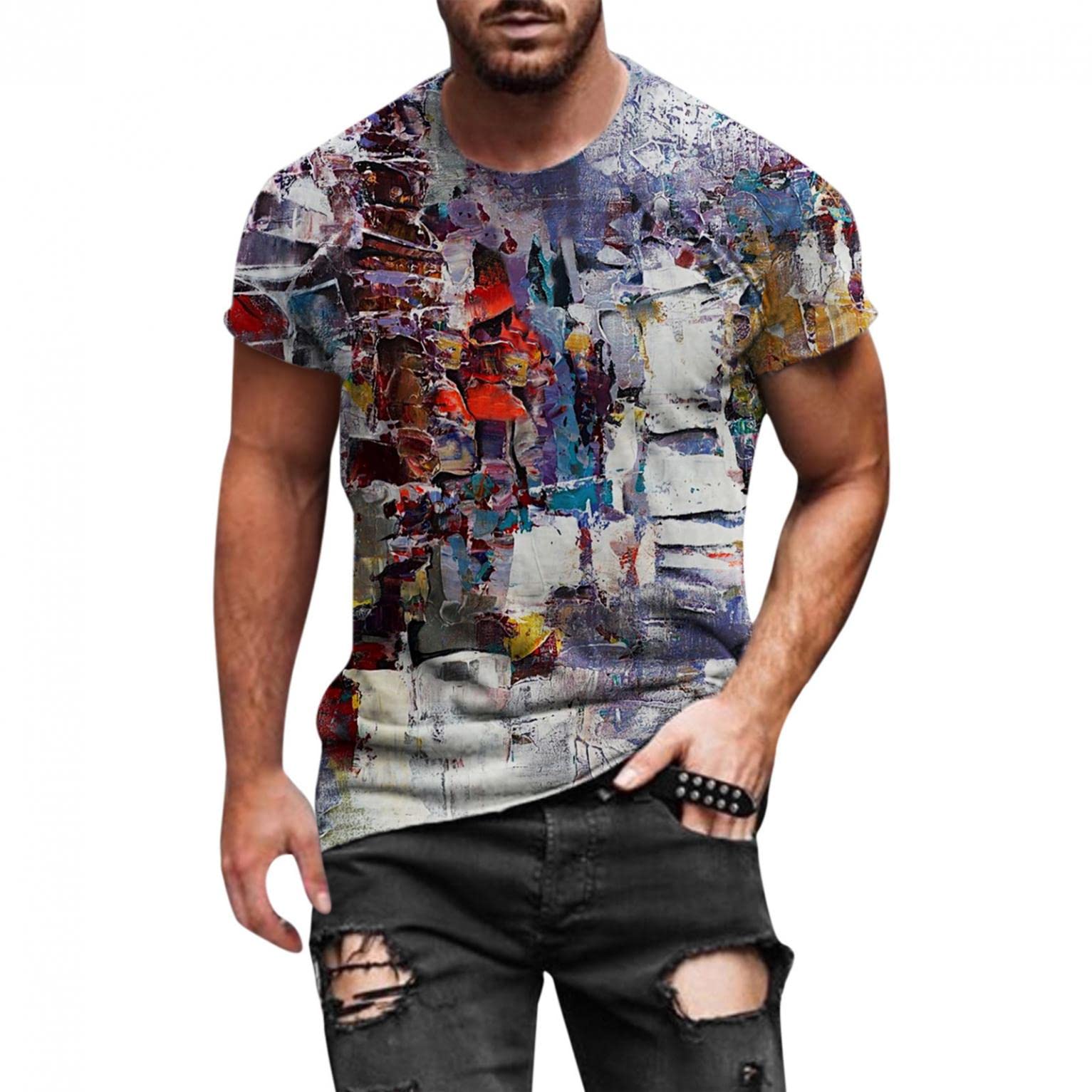 Trendy Men's Casual Streetwear T-Shirt - Abstract Graffiti Print Round Neck Short Sleeve Tee | Perfect for Urban Fashion, Street Style & Everyday Wear