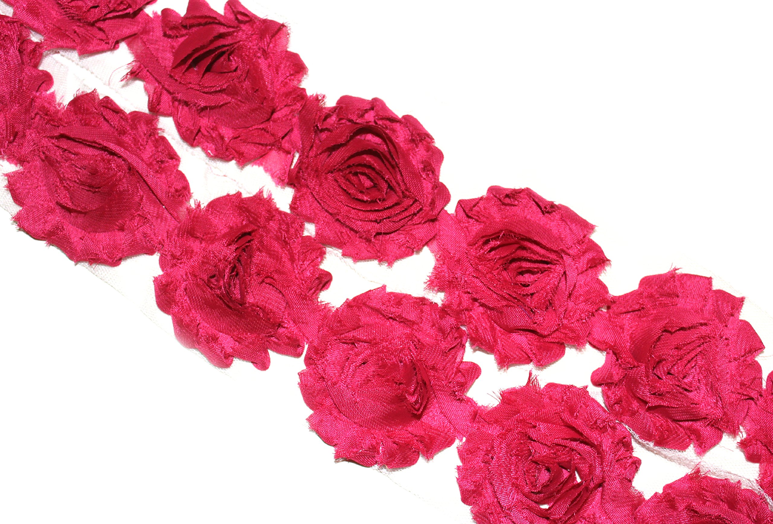 3 Yards 42-Piece 2.5 Inch Shabby Rose Trim - Fuschia Chiffon Rosette Flowers for DIY Wedding Decor, Hair Accessories, Scrapbooking & Craft Projects