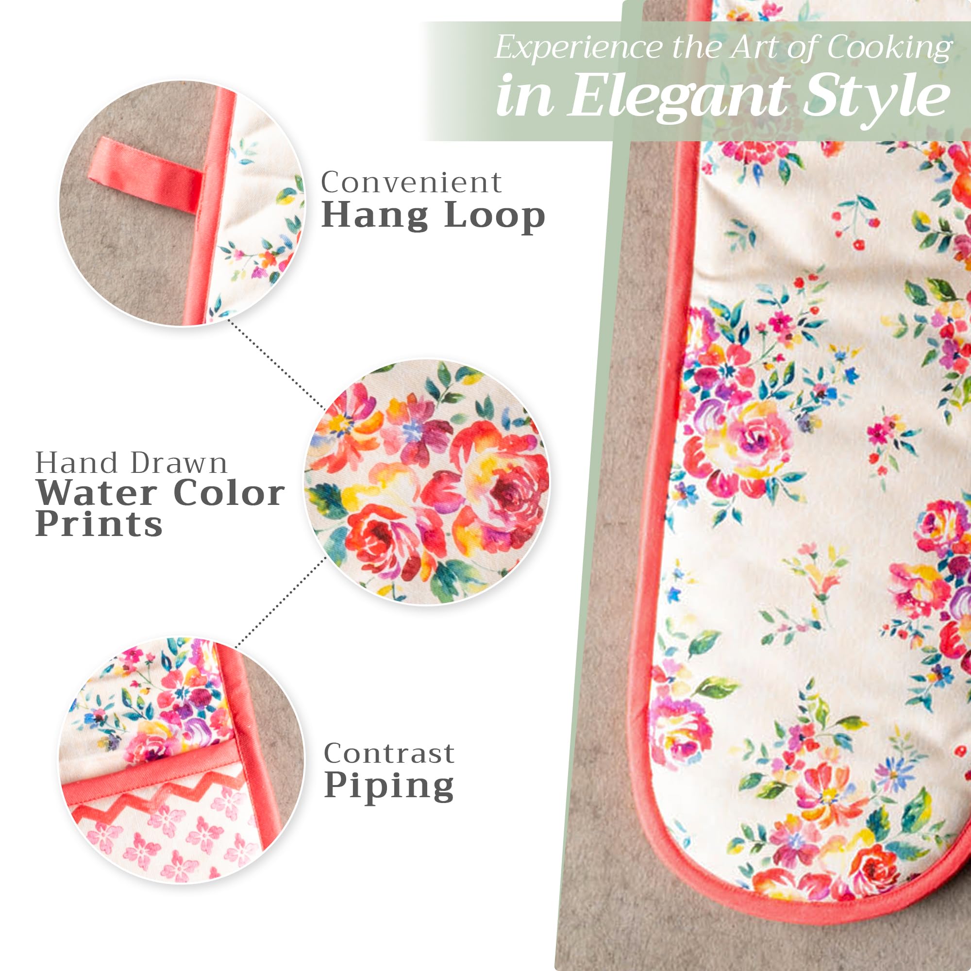 Maison d'Hermine Rose Garden 100% Cotton Double Oven Mitts with Loop - Heat Resistant BBQ Gloves for Cooking, Baking, Grilling & Microwave Use - Spring/Summer Kitchen Accessories (7.5x35 Inch) - Perfect for Holiday Meals, Outdoor Barbecues & Home Baking