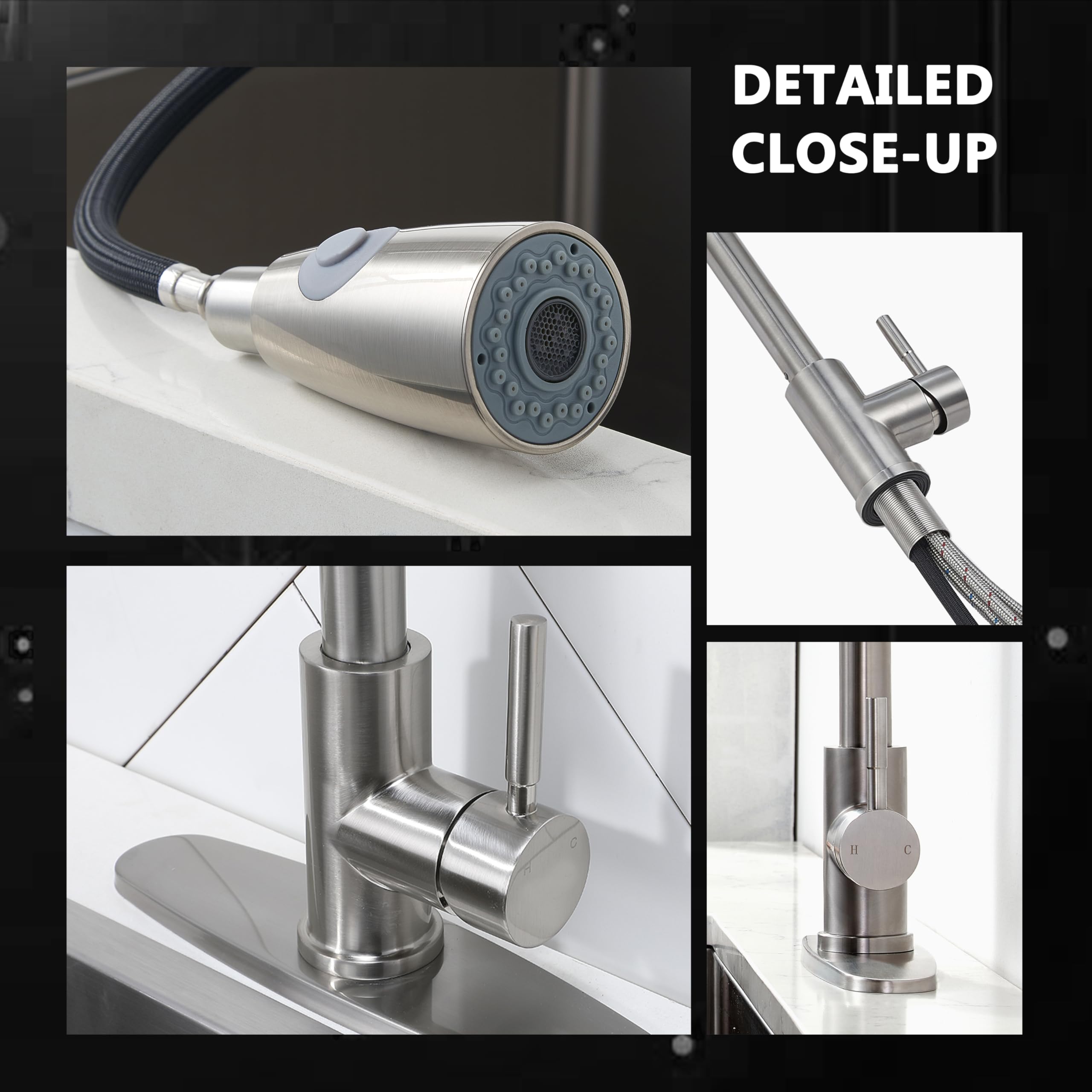 Comllen Brushed Nickel Stainless Steel Pull Down Sprayer Kitchen Faucet - High Arc Single Lever Commercial Sink Faucet for Farmhouse, RV, Bar & Laundry | Perfect for Modern Kitchens, Outdoor Bars & Mobile Homes