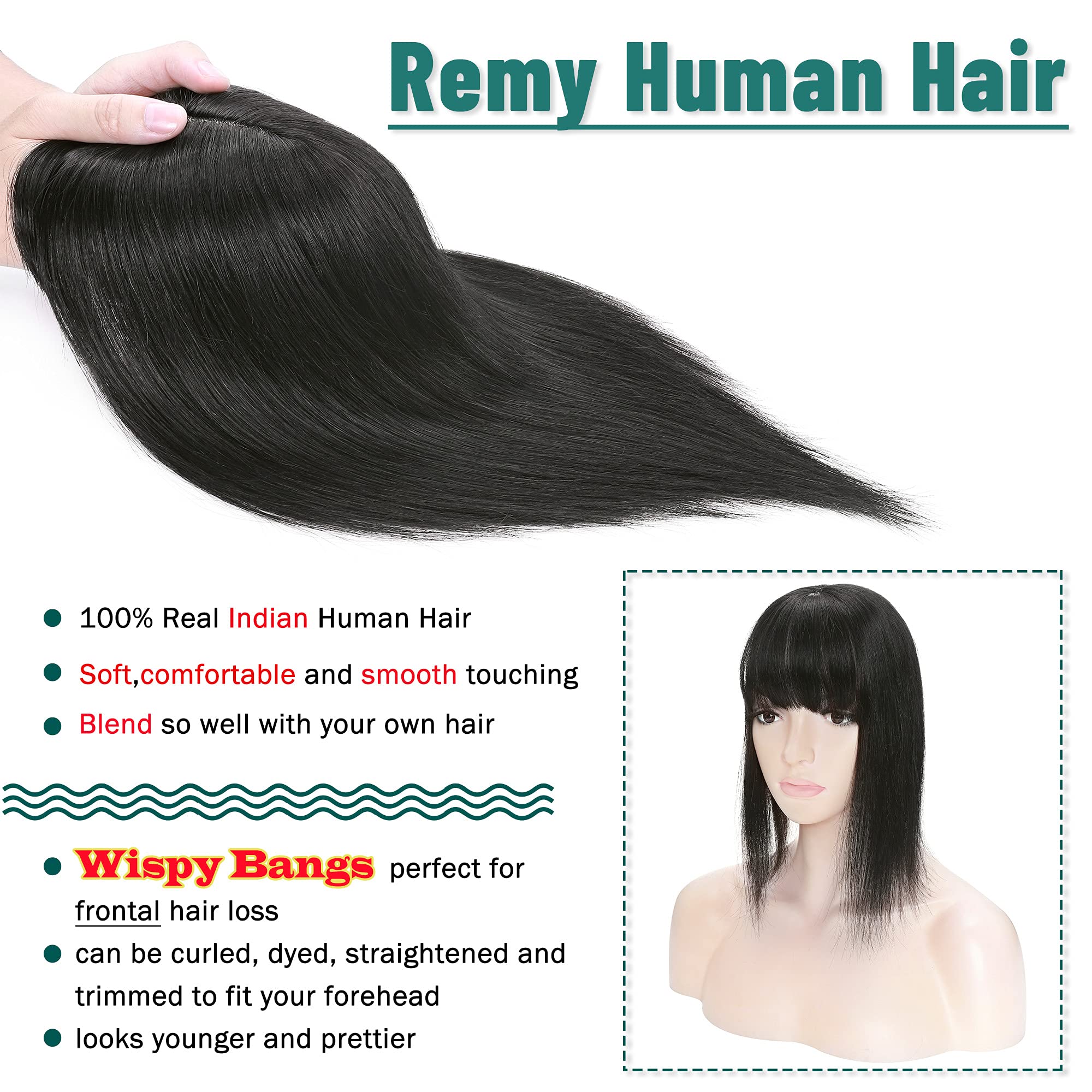 130% Density Human Hair Toppers with Bangs - Hand Tied Silk Base Clip-In Hair Topper for Women with Thinning Hair | Natural Black 12 Inch 40g | Covers Hair Loss & Gray Hair | Perfect for Daily Wear, Special Occasions & Styling