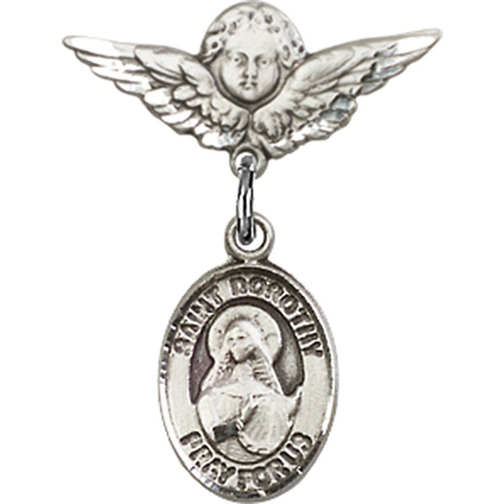 Sterling Silver Baby Badge with St. Dorothy Charm & Angel Wing Pin - 7/8