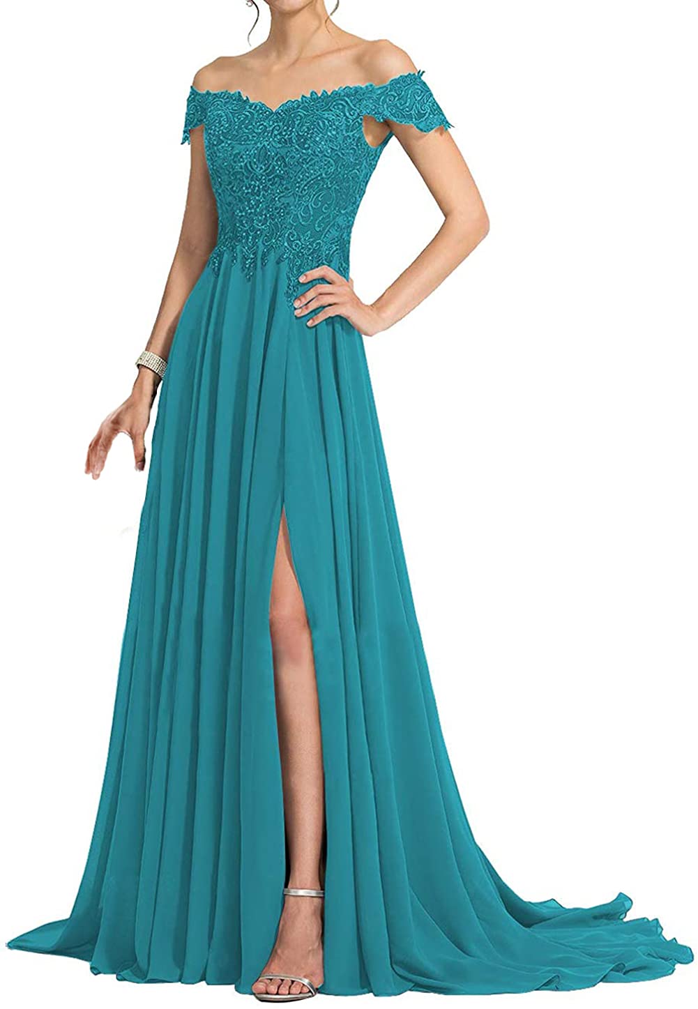 Elegant Off Shoulder Mother of The Bride Dress - Long Chiffon Lace Formal Evening Gown with Side Split for Wedding, Prom & Special Occasions