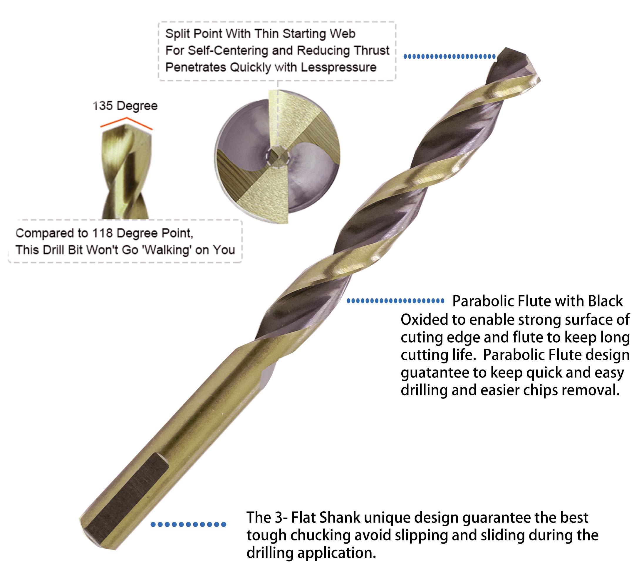 Premium HSS Drill Bits 1/8 Inch - Jobber Length Twist Drill Set with Parabolic Flute & 3-Flat Shank (10-Piece) - Golden/Black Coating for Steel & Metal Drilling - Perfect for DIY Projects, Metalworking & Home Repairs