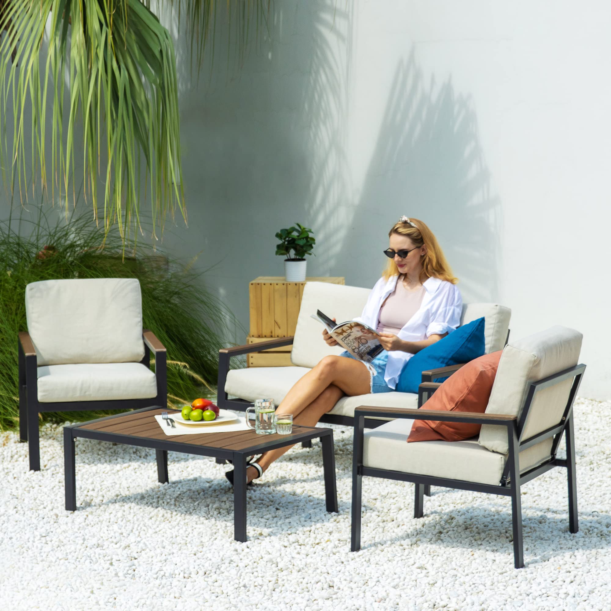 ZINUS Dillon 4-Piece Outdoor Patio Furniture Set - Aluminum & Poly Lumber Conversation Set, Weather Resistant, Rust-Proof, Easy Assembly (Black) - Perfect for Backyard, Garden, Poolside or Deck Relaxation