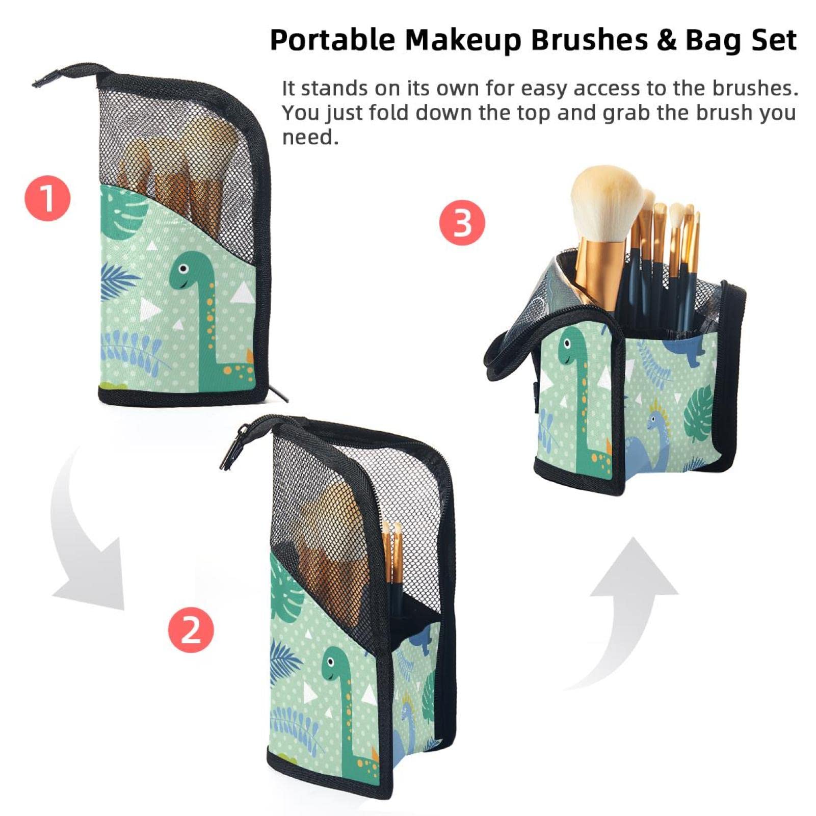 Premium 12-Slot Makeup Brush Organizer Bag with Jungle & Dinosaur Leaf Design - Portable Travel Cosmetic Brush Holder Case for Professional Artists & Beauty Enthusiasts - Perfect for Home Vanity, Travel & Salon Use