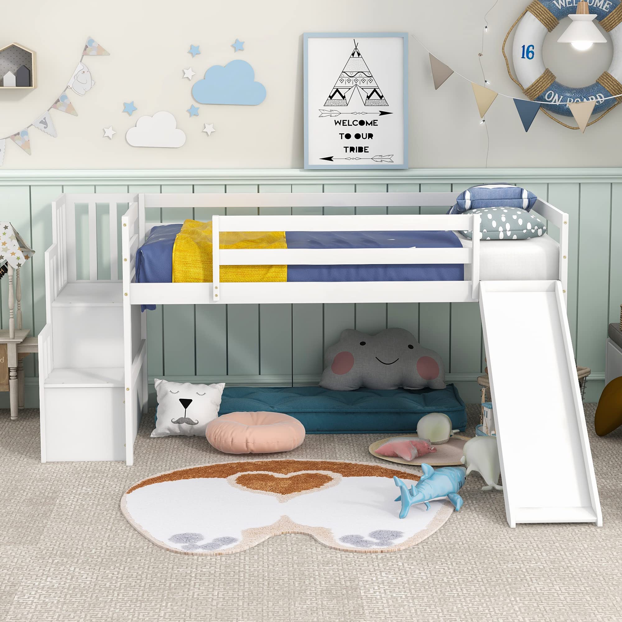 Merax Solid Wood Twin Size Low Loft Bed with Adjustable Slide & Staircase - No Box Spring Needed - White - Perfect for Kids' Rooms, Small Spaces & Dorm Rooms