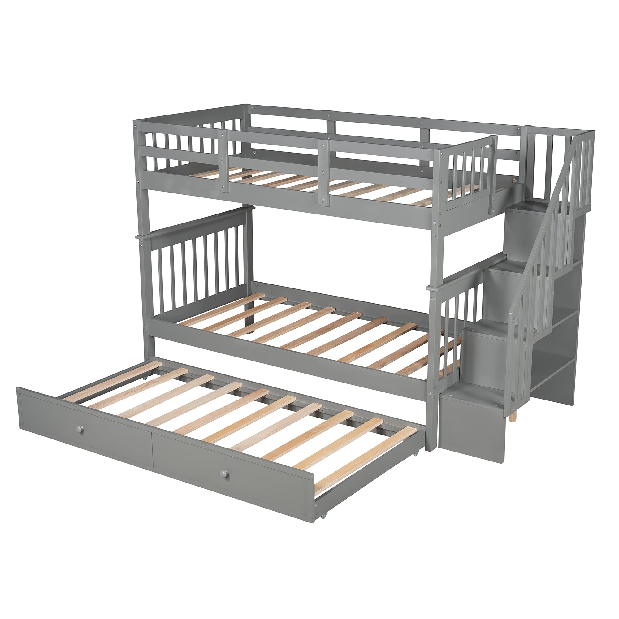 Twin Over Twin Bunk Bed with Trundle & 4-Step Storage Staircase - Safety Guard Rail Included - Space-Saving Bedroom Solution for Kids, Teens, Dorm Rooms & Small Spaces - No Box Spring Required - Perfect for Sleepovers, Guest Rooms & Shared Bedrooms