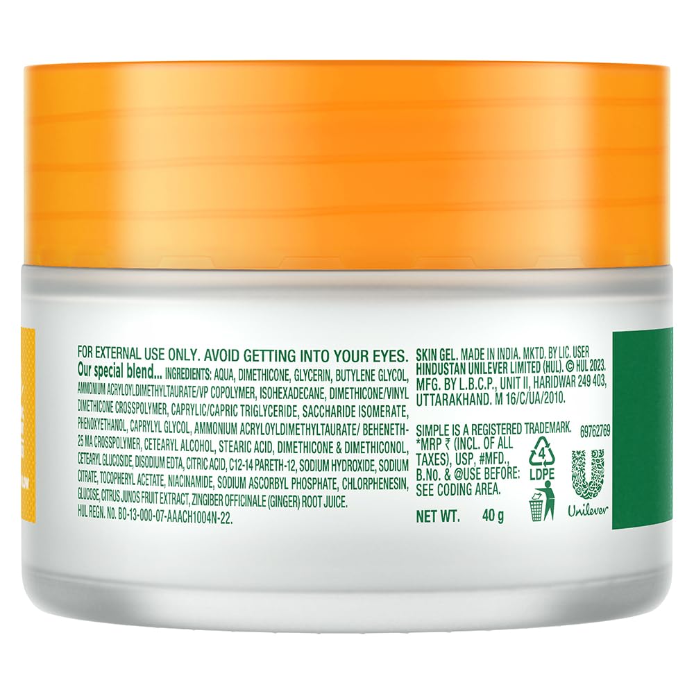 Simple Protect N Glow Vitamin C Moisturising Glow Gel with Yuzu Lemon - 40g | Fragrance-Free, Paraben-Free & Hypoallergenic | For All Skin Types Including Sensitive Skin | Brightening & Hydrating Face Moisturizer for Day & Night Use