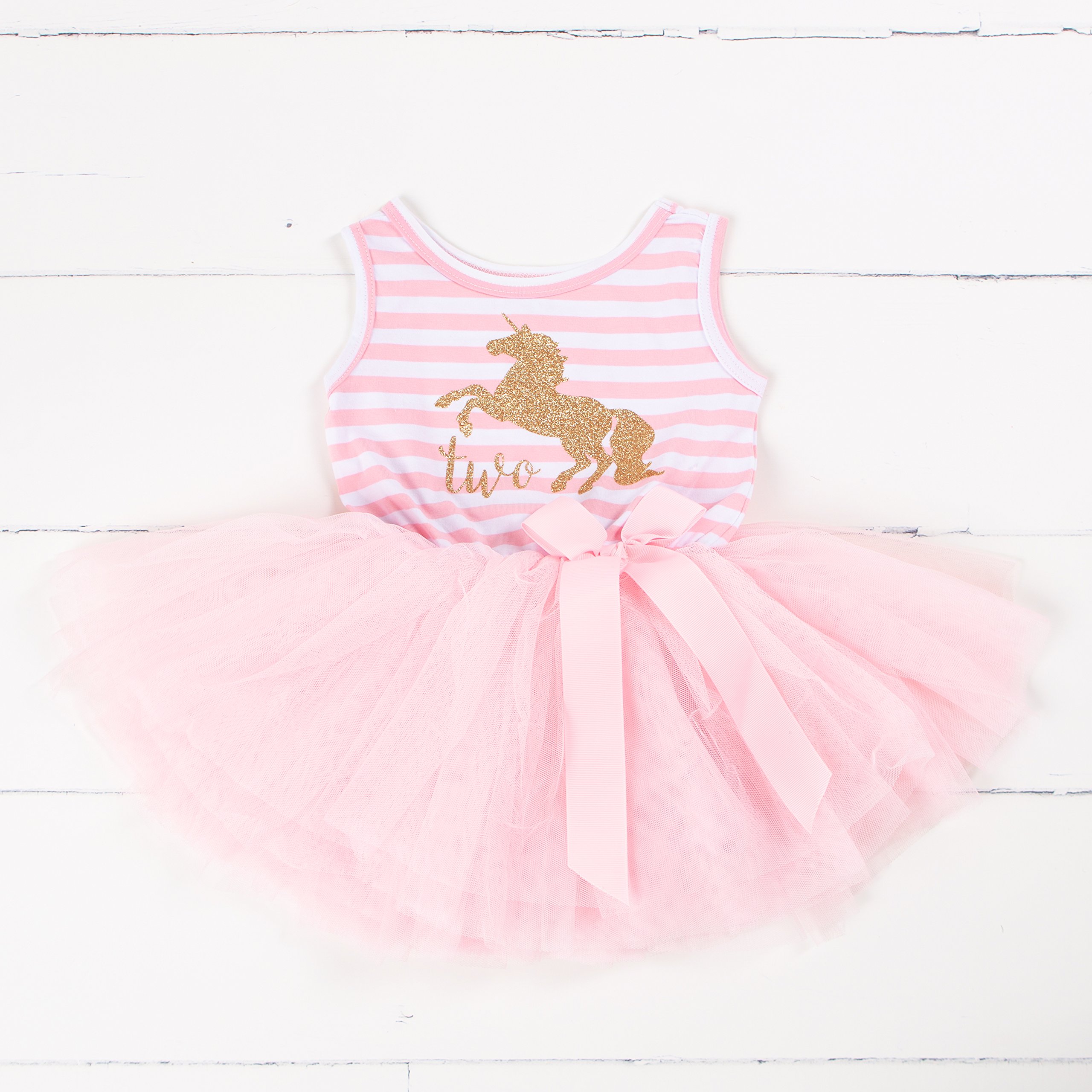 Grace & Lucille Pink Striped Sleeveless Baby Birthday Dress - Unicorn Gold 2T | 2nd Birthday Outfit for Girls | Perfect for Photoshoots, Parties & Special Occasions