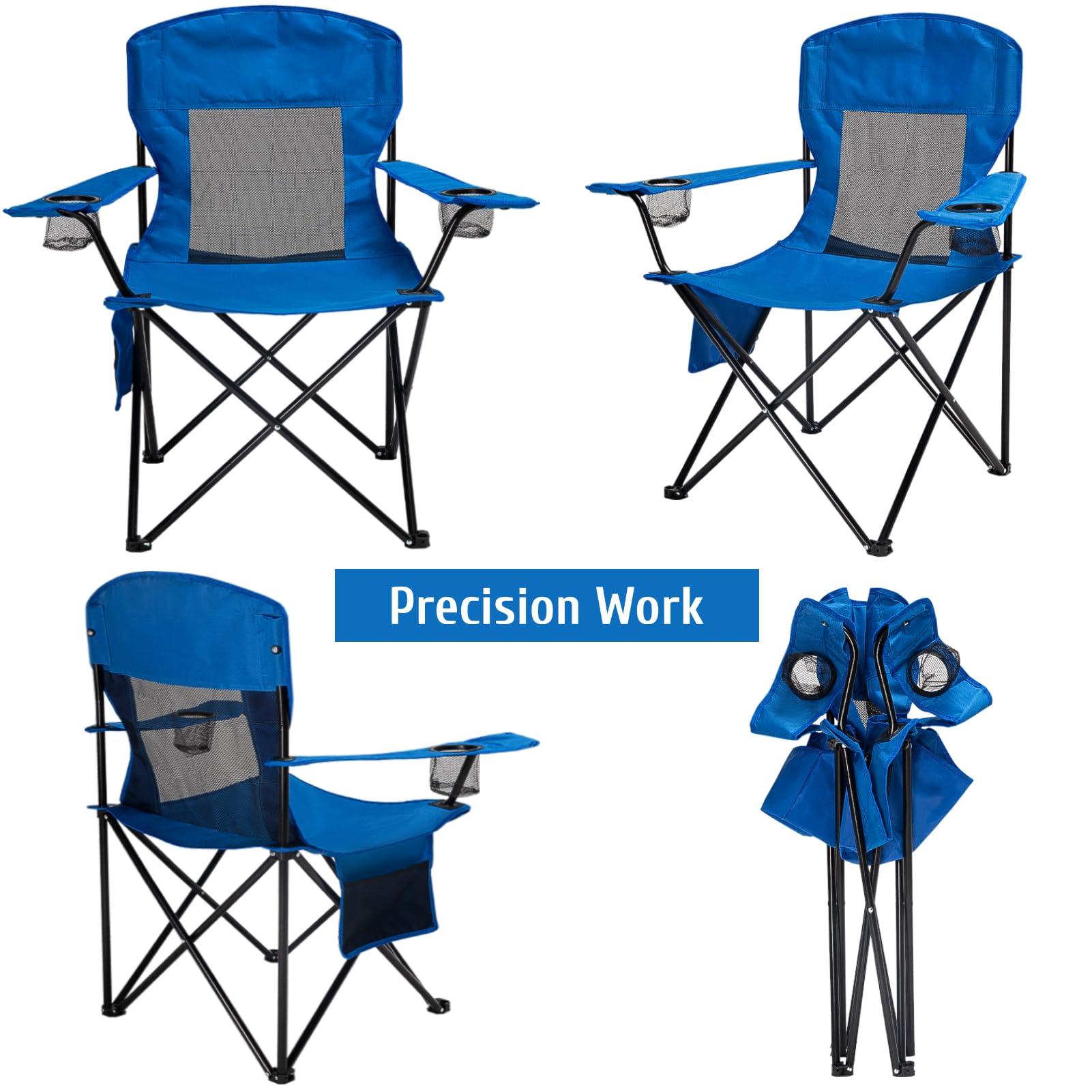 **Portable Folding Camping Chair with Cooling Mesh Back - Adjustable Armrests, 2 Cup Holders & Side Pocket - Heavy Duty 300lbs Capacity for Outdoor, Lawn, Concert & Sports - Includes Carry Bag (Blue Mesh)**
