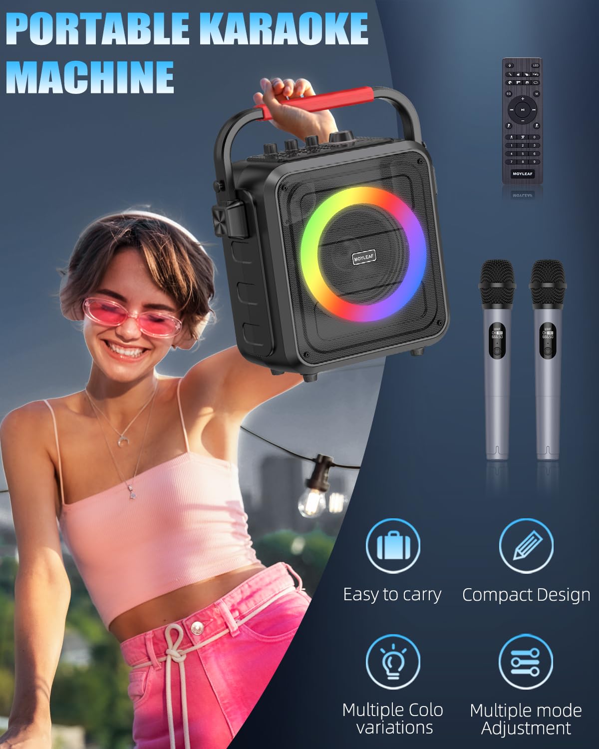 Portable Bluetooth Karaoke Machine with 2 Wireless Microphones - LED Lights, Remote Control, TF Card/USB/AUX Input, TWS & REC Function - Perfect for Family Parties, Indoor/Outdoor Singing & Entertainment