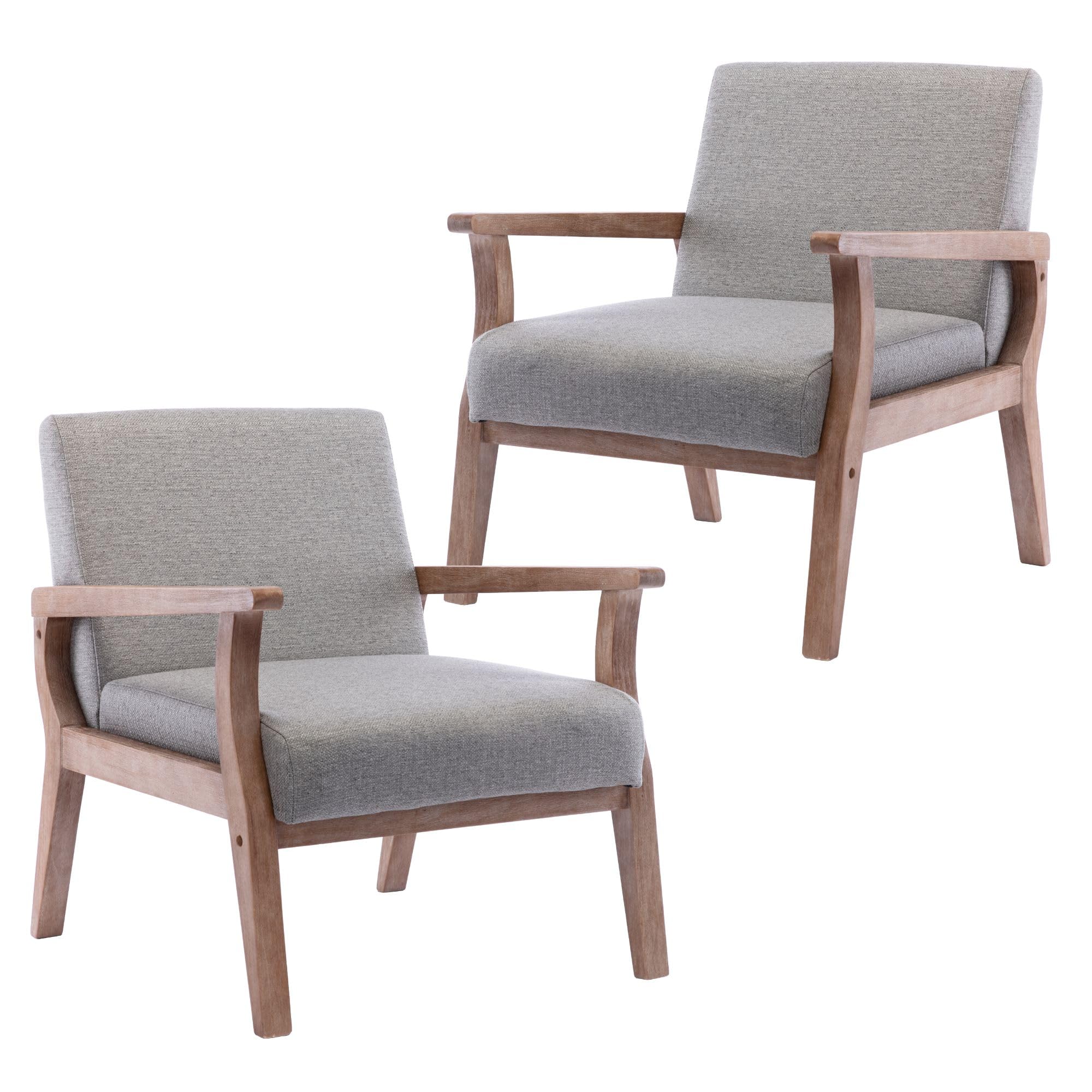 Mid Century Modern Accent Chairs Set of 2 - Solid Wood Frame & Linen Upholstery - Grey Living Room Armchairs for Home, Bedroom & Office - Perfect for Lounge, Reading Nook & Guest Seating