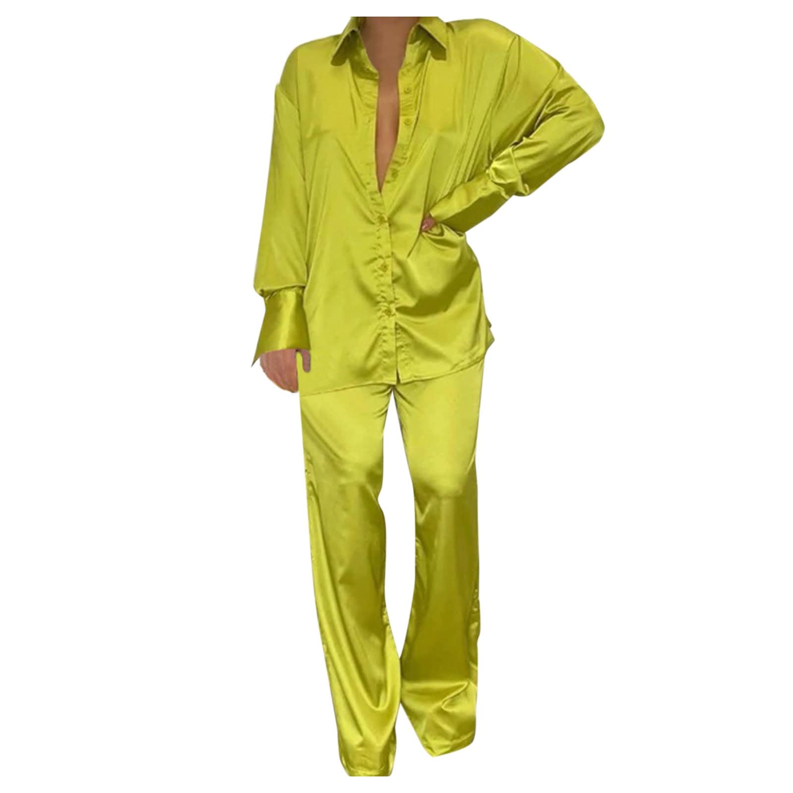 YOYORI Women's Wide Leg Satin Pants Set - 2 Piece Outfit with Long Sleeve Button Down Shirt | Casual & Business Wear | Plus Size (Yellow, L) | Perfect for Office, Streetwear & Lounge Pajamas