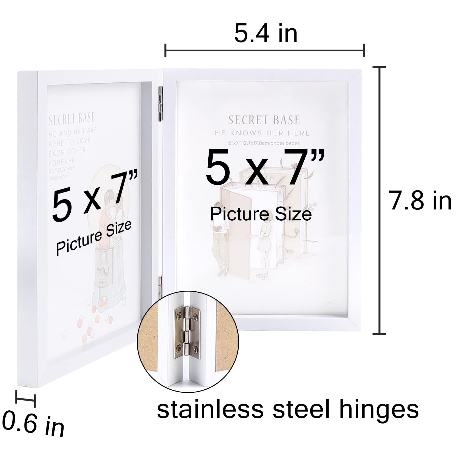 AVEAX Double 5x7 Picture Frame - Hinged Folding Photo Frame with Glass Front, Vertical Desktop Display for Home & Office Decor (White)