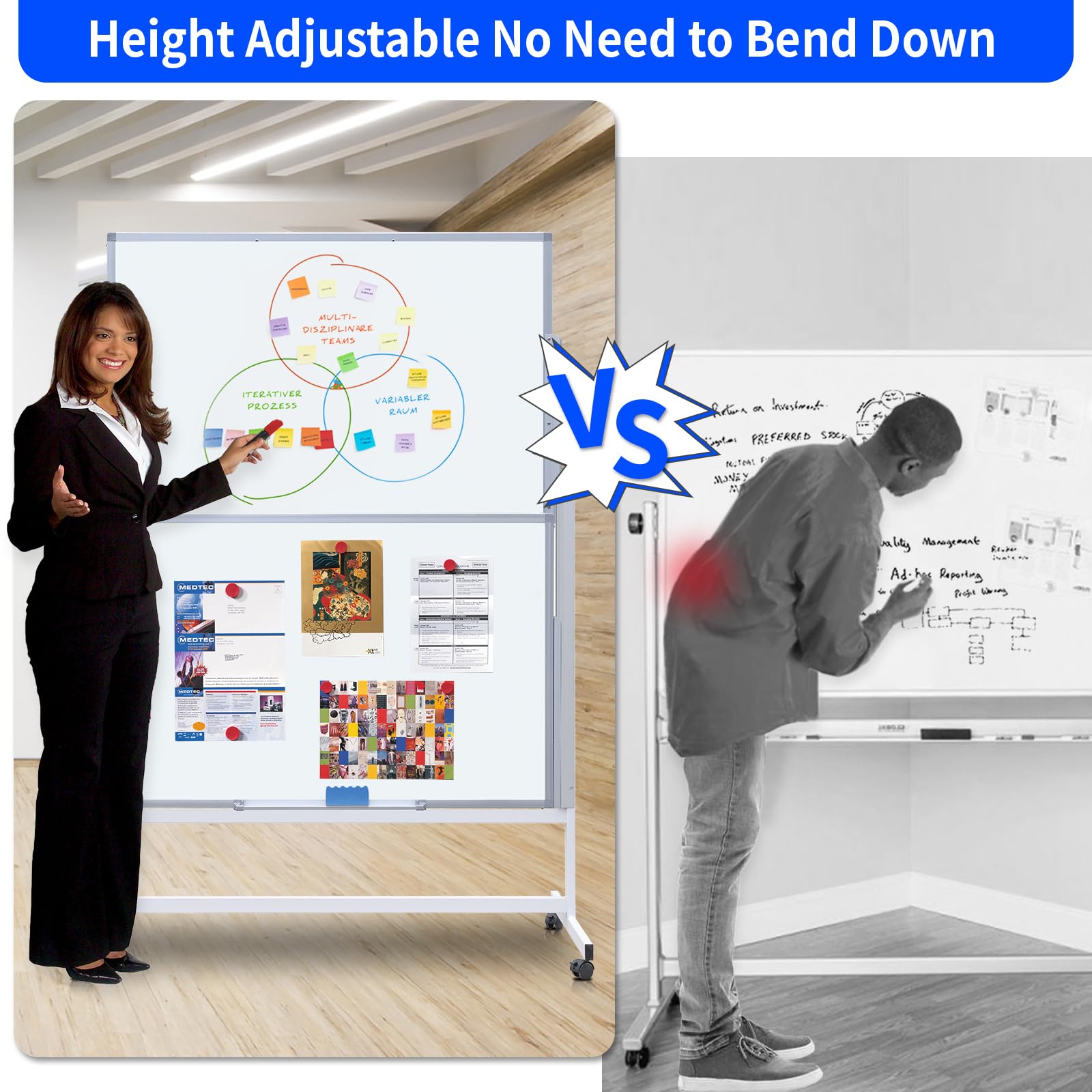 Magnetic Dry Erase Whiteboard 48x60 Inches - Double-Sided Rolling Whiteboard on Wheels with Adjustable Height & Easel Stand for School, Office, Home Use - Includes Markers & Erasers (Ideal for Classrooms, Presentations & Home Office Organization)