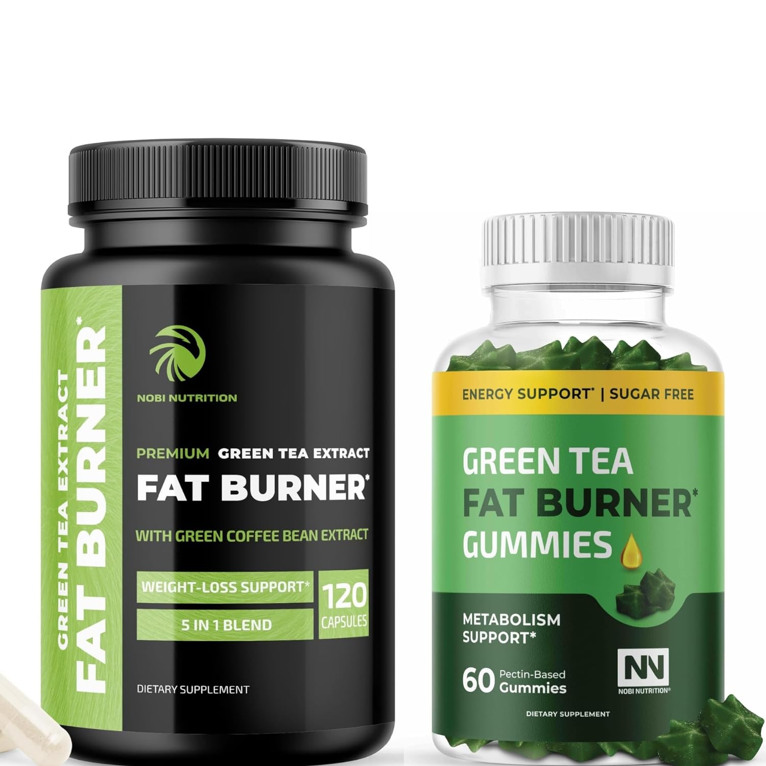 Fat Burn Gummies & Green Tea Weight Loss Pills - Natural Metabolism Booster with Green Coffee & Raspberry Ketones | Belly Fat Reducer for Women & Men | 60 Gummies + 120 Capsules | Supports Healthy Weight Loss for Active Lifestyle