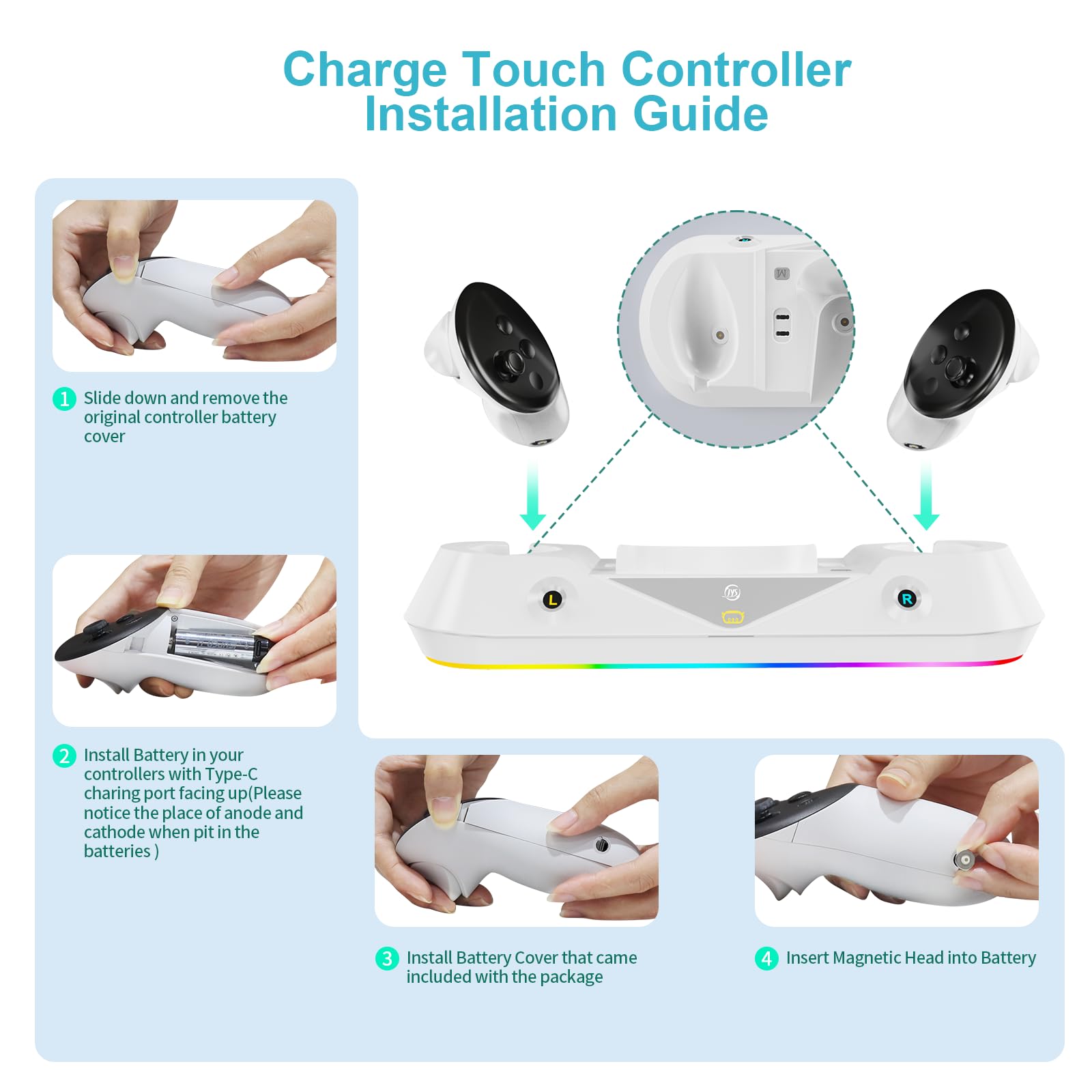 Fast Charging Dock for Oculus Meta Quest 3 - Magnetic Charging Station with RGB LED Light for Quest 3 Headset & Controllers - Includes 2 Rechargeable Batteries - Perfect for VR Gaming & Entertainment Setup