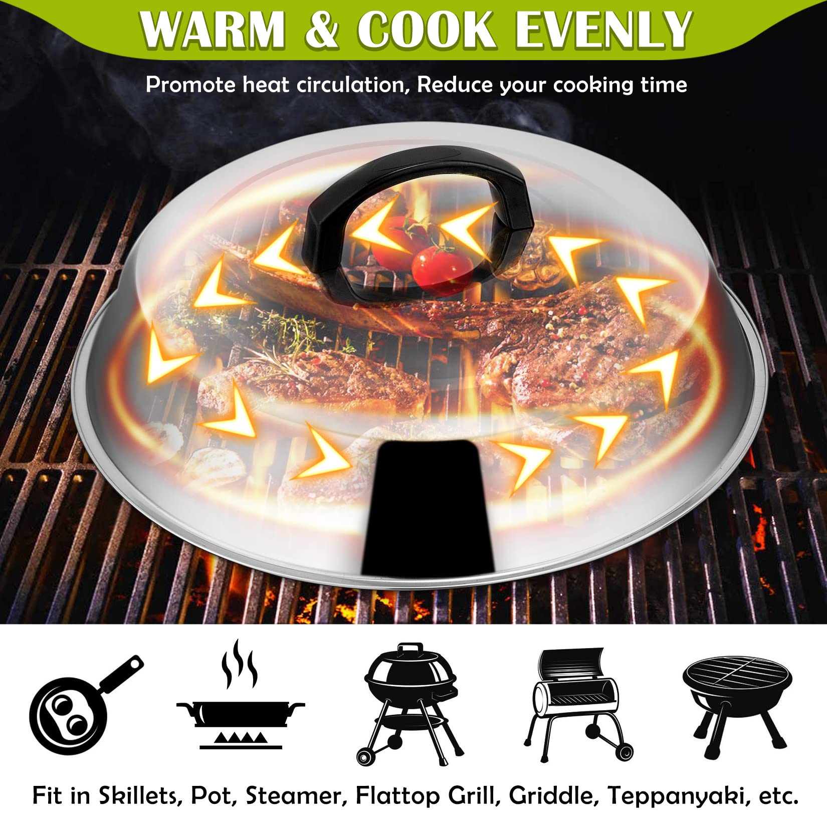12 Inch Stainless Steel Cheese Melting Dome Set of 2 - Joyfair Basting Cover for Griddle, BBQ, Teppanyaki & Outdoor Camping - Heat-Resistant Handle & Dishwasher Safe - Perfect for Burgers, Steaks & Pancakes