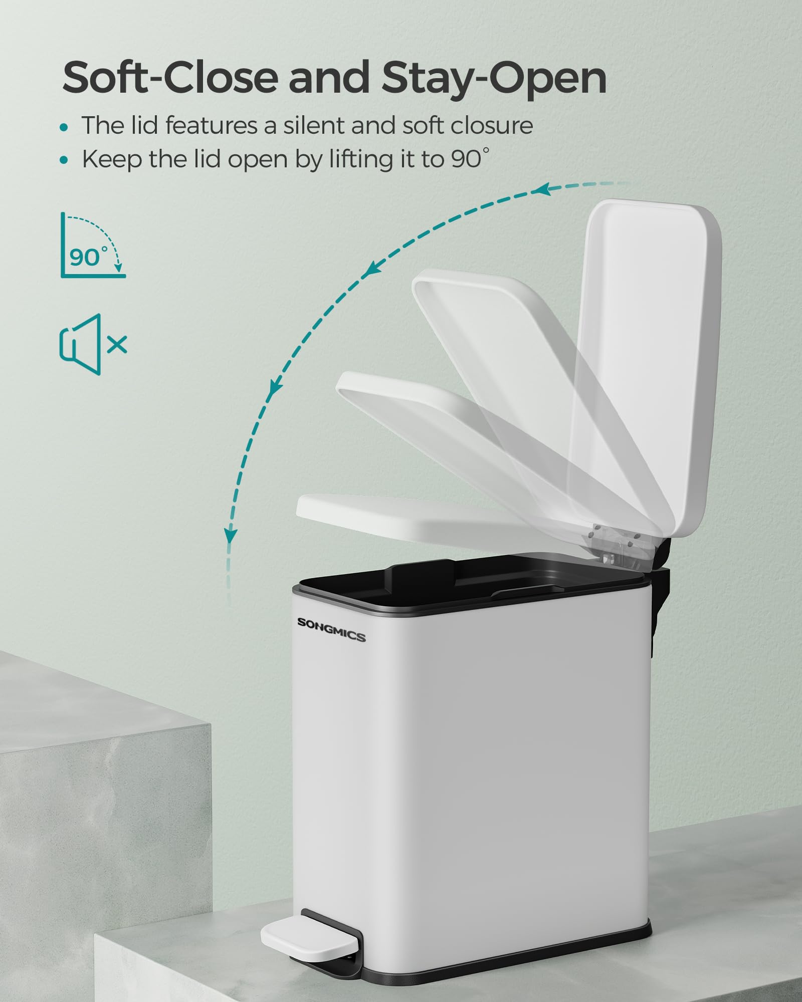 SONGMICS 1.3 Gallon Small Bathroom Trash Can with Lid - Slim Stainless Steel Garbage Bin for Tight Spaces, Soft Close, White ULTB560W05 - Perfect for Bathrooms, Offices & Small Apartments