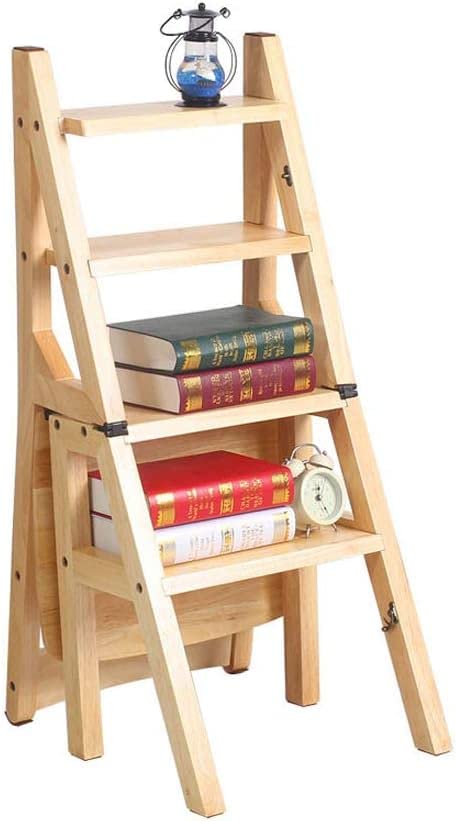 Multifunctional Wooden Step Stool Ladder - Foldable, Sturdy & Space-Saving for Home, Library & Loft - Perfect as Shelf or Chair (Color: Natural Wood) - Ideal for Reaching High Shelves, Home Organization & Kids' Step Stool