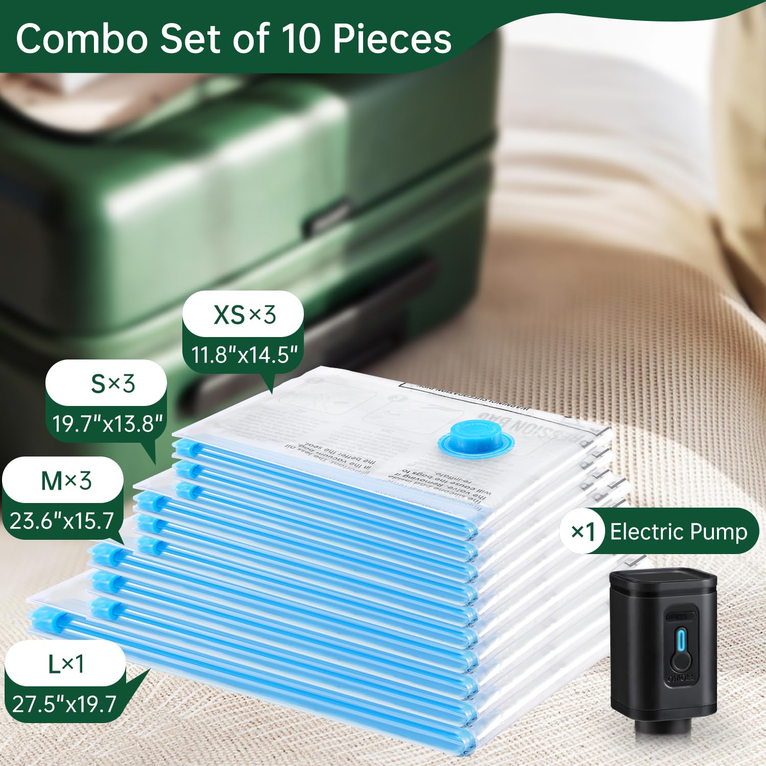 BRODI 10-Pack Travel Vacuum Storage Bags with Hand Pump - Space Saving Compression Bags for Clothes, Blankets & Travel Essentials | Perfect for Suitcase Packing, Closet Organization & Seasonal Storage