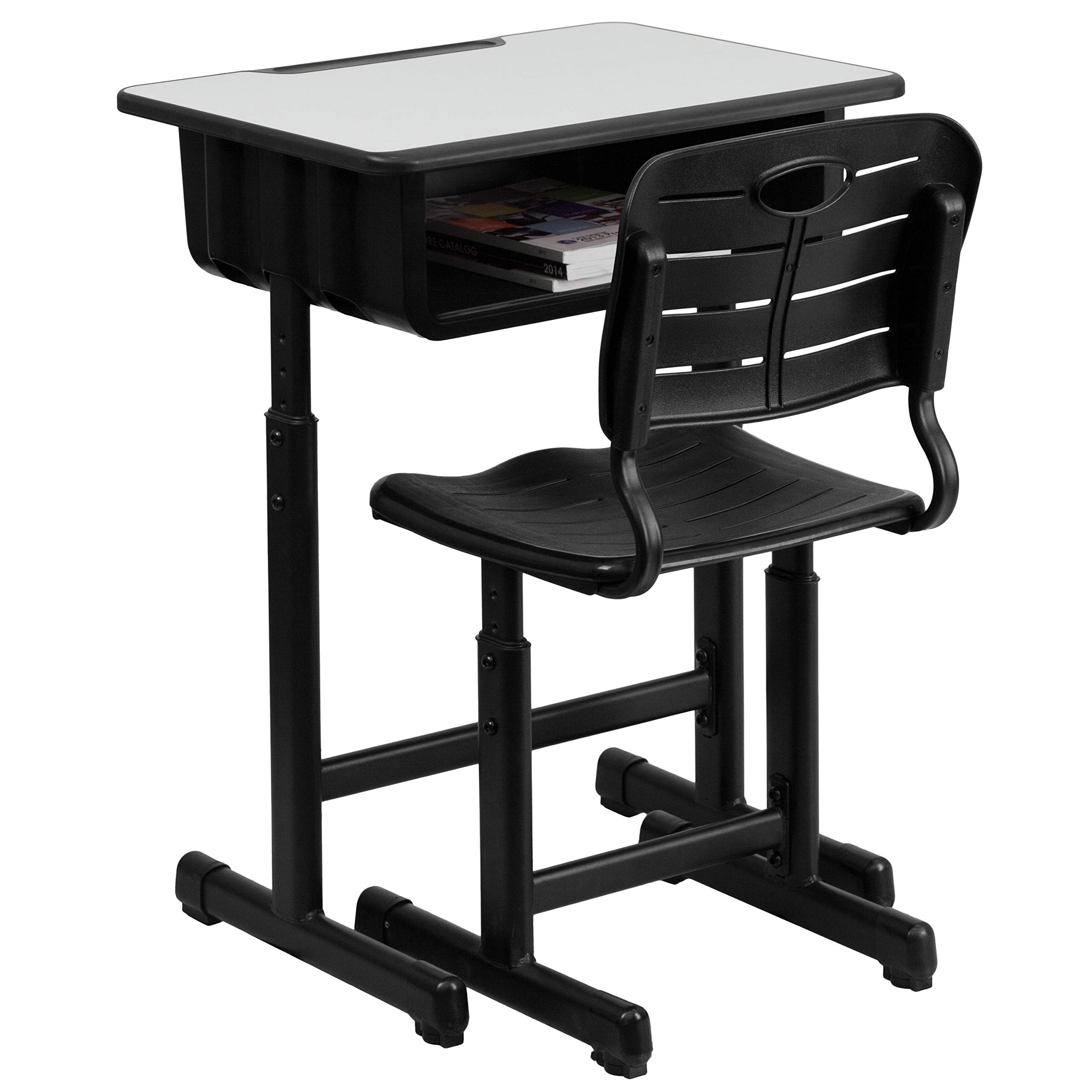 Adjustable Height Student Desk and Chair Set with Black Pedestal Frame - Ergonomic Study Table for Kids & Teens - Perfect for Home Schooling, Online Learning & Small Spaces