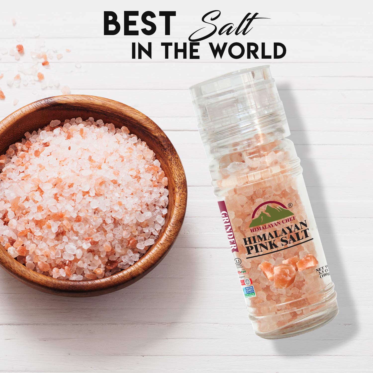 Premium Himalayan Pink Salt & Black Pepper Grinder Set - Refillable Glass Bottle, Easy-to-Use & Vegan Kosher Certified | Perfect for Cooking, Seasoning & Tabletop Use | Set of 2