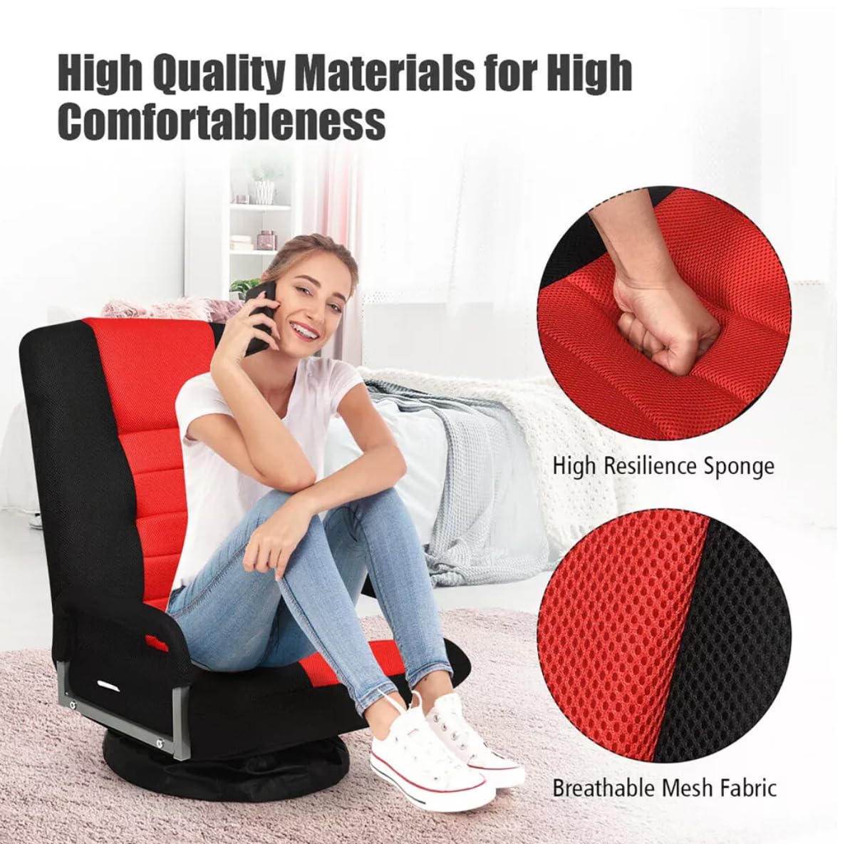 7-Position Adjustable Floor Gaming Chair - Soft Swivel Rocker for Kids, Teens & Adults - Ergonomic Video Game Chair for Gaming, Reading & Relaxing - Perfect for Living Room, Bedroom & Game Room (Red)