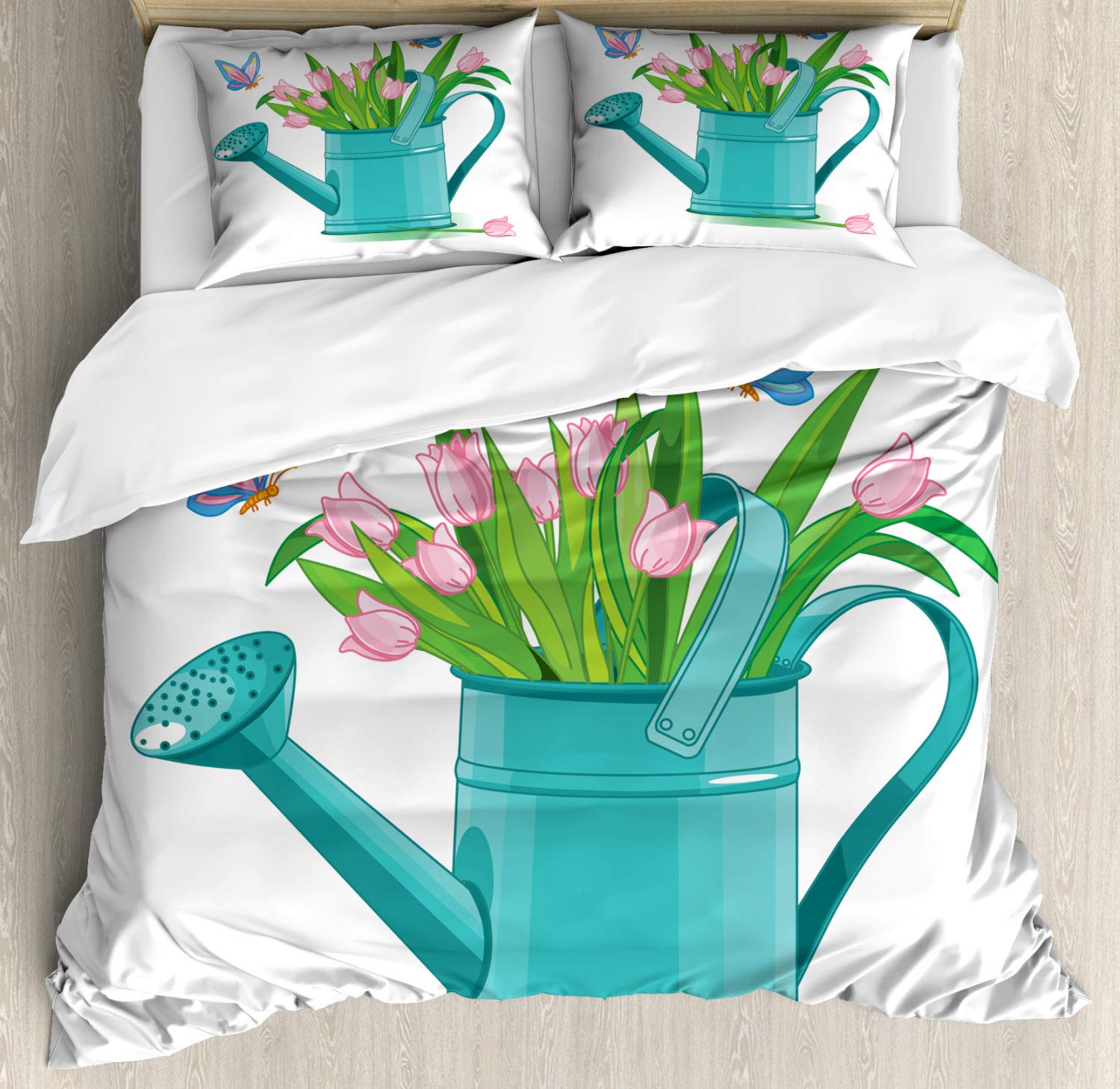 Ambesonne Floral Duvet Cover Set - Tulips in Watering Can with Cartoon Butterflies, 3-Piece Queen Size Bedding Set with 2 Pillow Shams, Multicolor Gardening Theme | Perfect for Spring Decor, Kids Room, and Farmhouse Style Bedrooms