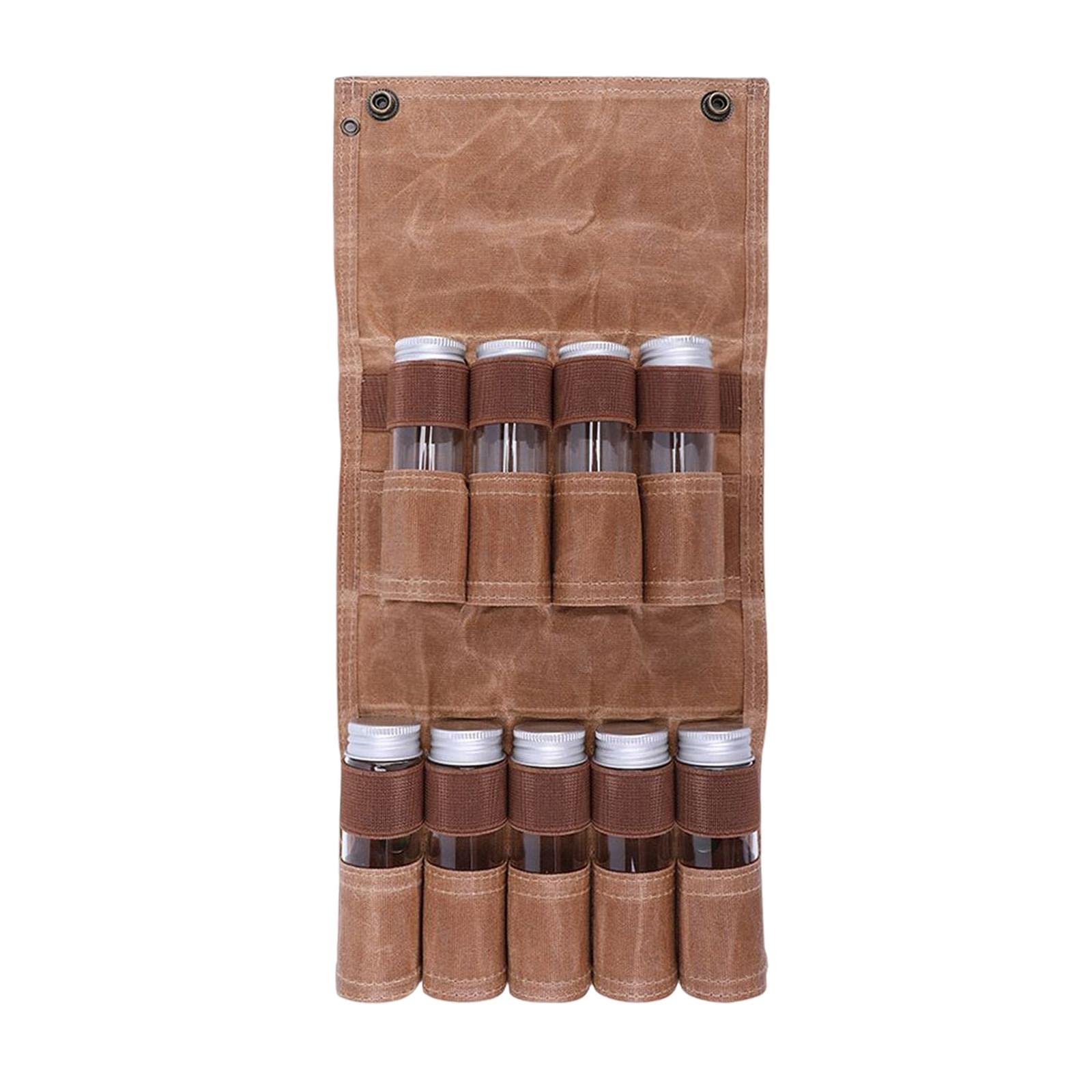 Portable Canvas Spice Holder for Hiking, Camping & BBQ - 9-Bottle Seasoning Organizer with Carabiner | Perfect for Outdoor Cooking, Backpacking & Picnics