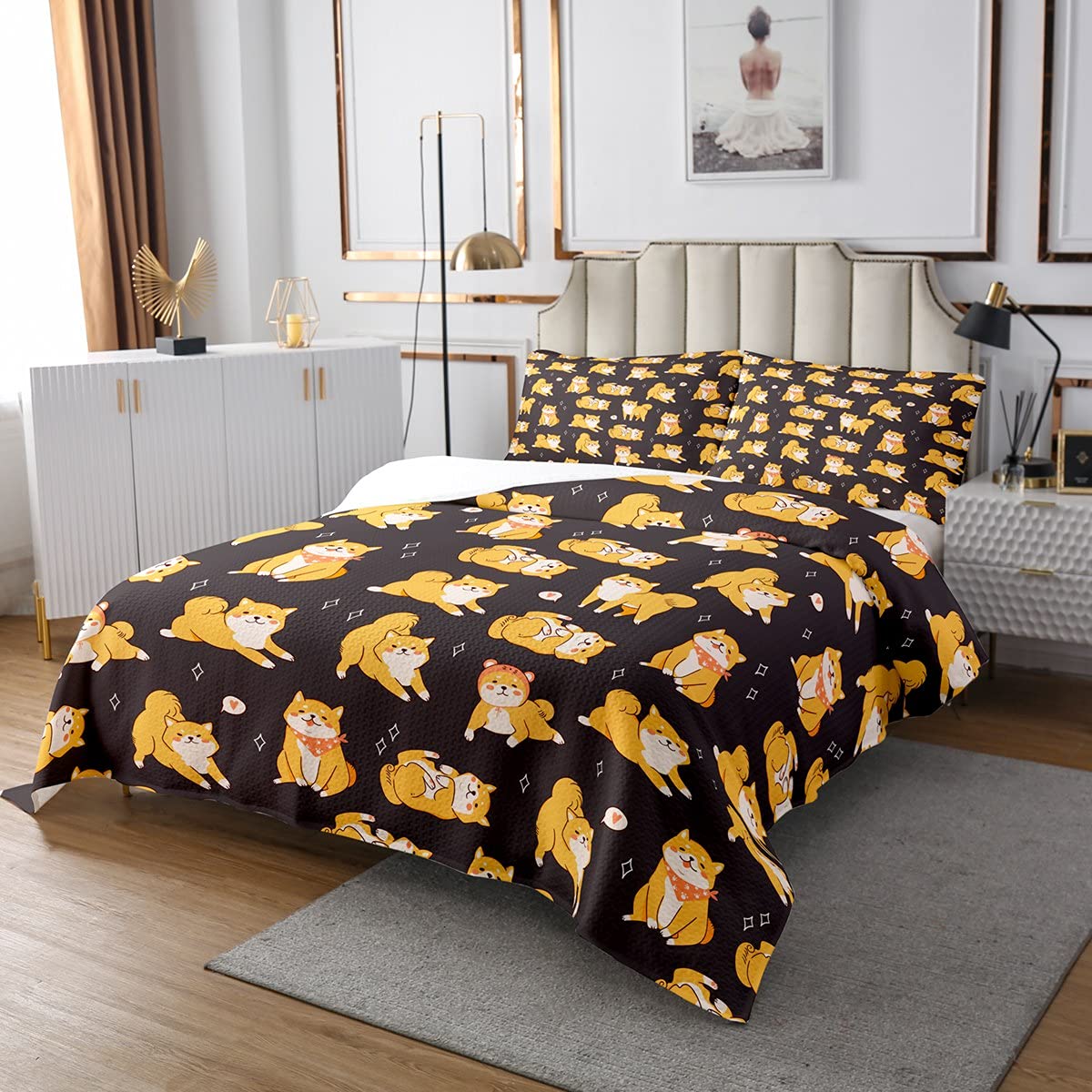 Cute Shiba Inu Dog Bedspread Set - Yellow Puppy Quilted Coverlet for Kids Boys Girls | Grey King Size Farmhouse Decor | Cartoon Pet Animal Pattern Bedding for Nursery, Dorm Room & Cozy Home Decor