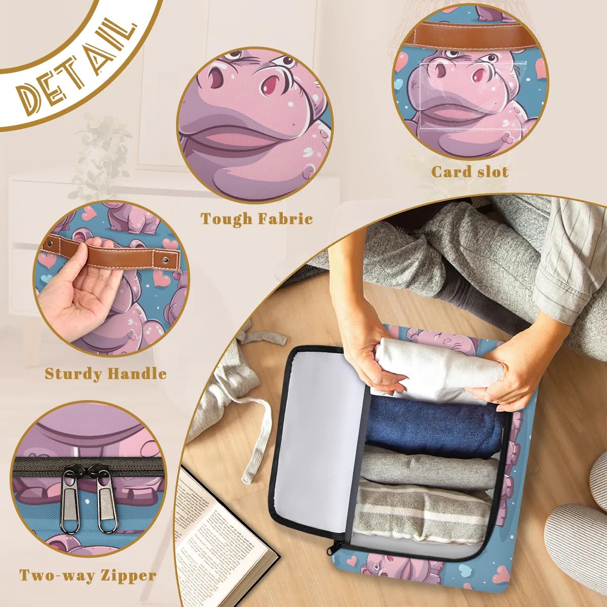 Pink Heart Hippo Storage Bins with Zipper Lid - 2 Pack Stackable Closet Organizer Baskets with Metal Frame & PU Handles - Perfect for Clothes, Toys, and Home Organization