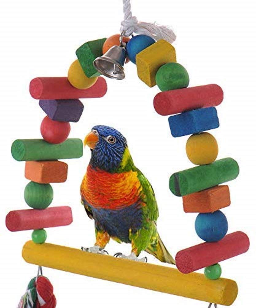 Natural Wooden Bird Swing Toy with Rainbow Bridge & Hanging Bells - Safe Chewable Knots for Parrots, Budgies, Lovebirds, Conures, Cockatoos - Perfect for Cage Enrichment & Playtime Stimulation