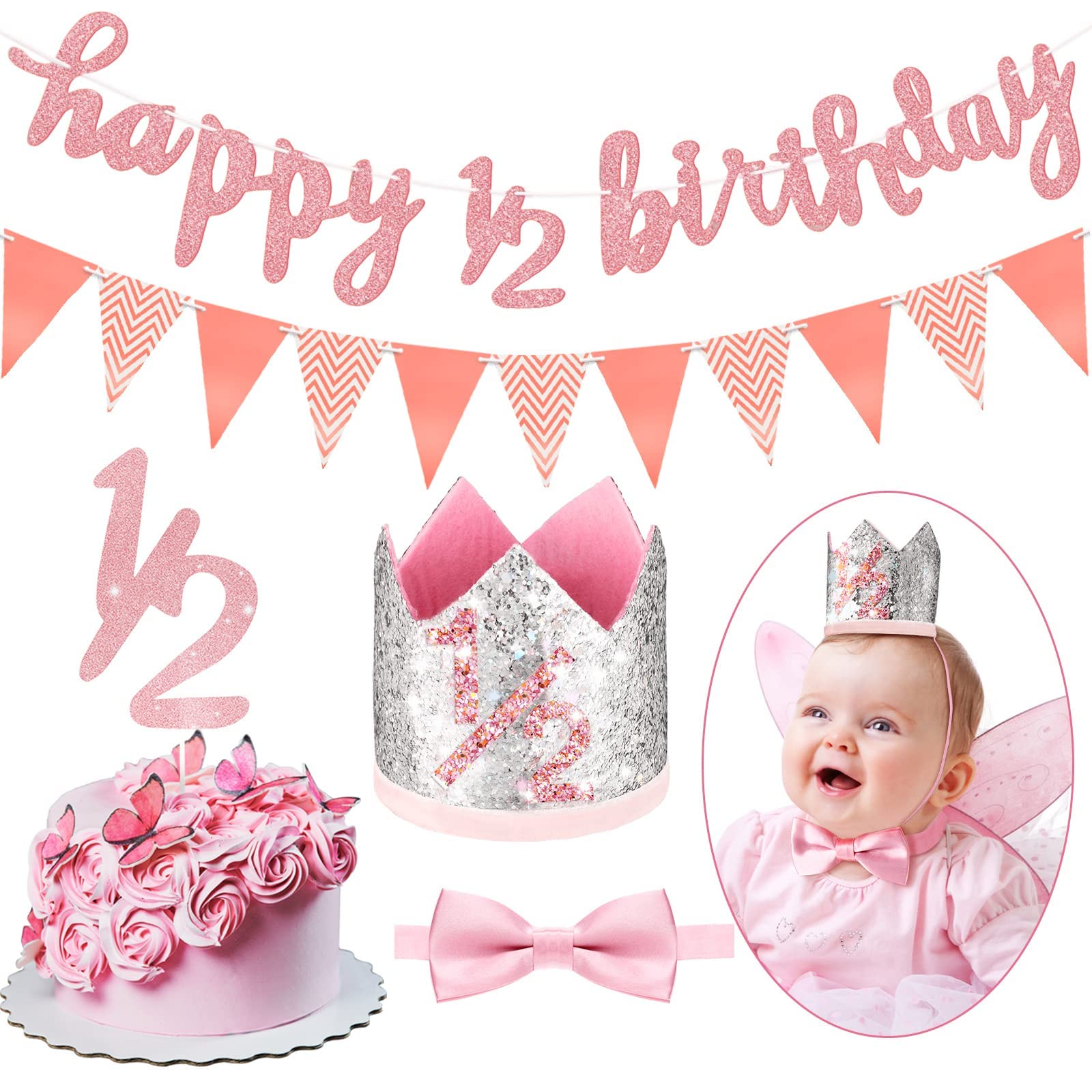 Spakon Glitter Half Birthday Banner Set - 6 Months Happy Birthday Decorations for Baby Boy & Girl - Includes 1/2 Year Cake Topper, Triangle Flags, Crown Hat & Bow Tie (Rose Gold) - Perfect for Half-Year Milestone Celebrations & Photo Shoots