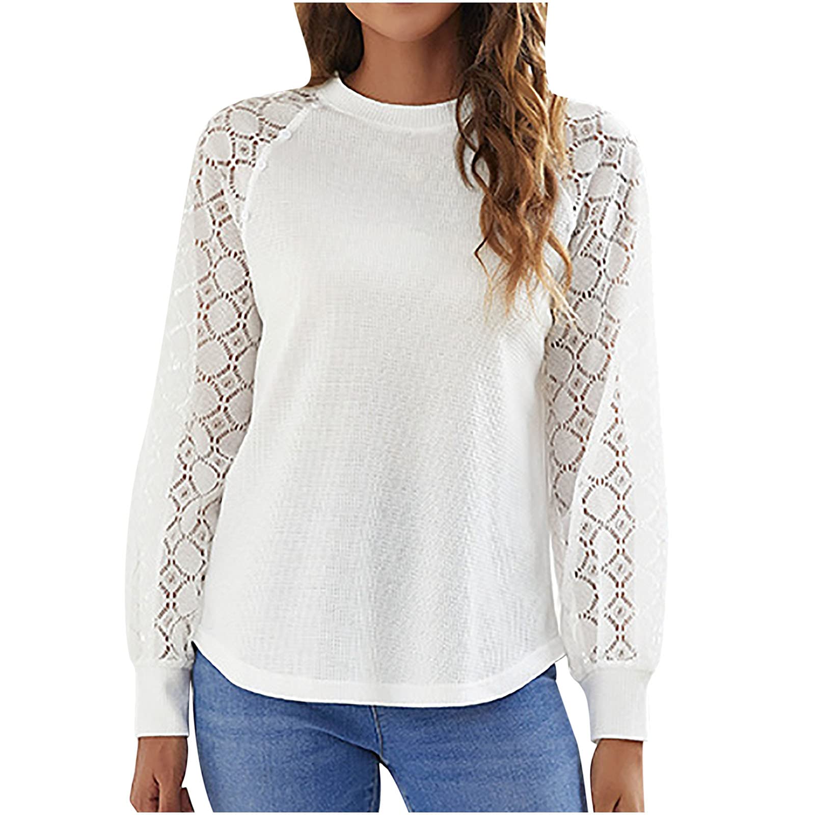 Women's Fall Tops - Sexy Lace Long Sleeve Crewneck Sweatshirt | Slim Fit Waffle Pullover T-Shirt | Casual Comfort for Autumn Outings & Date Nights