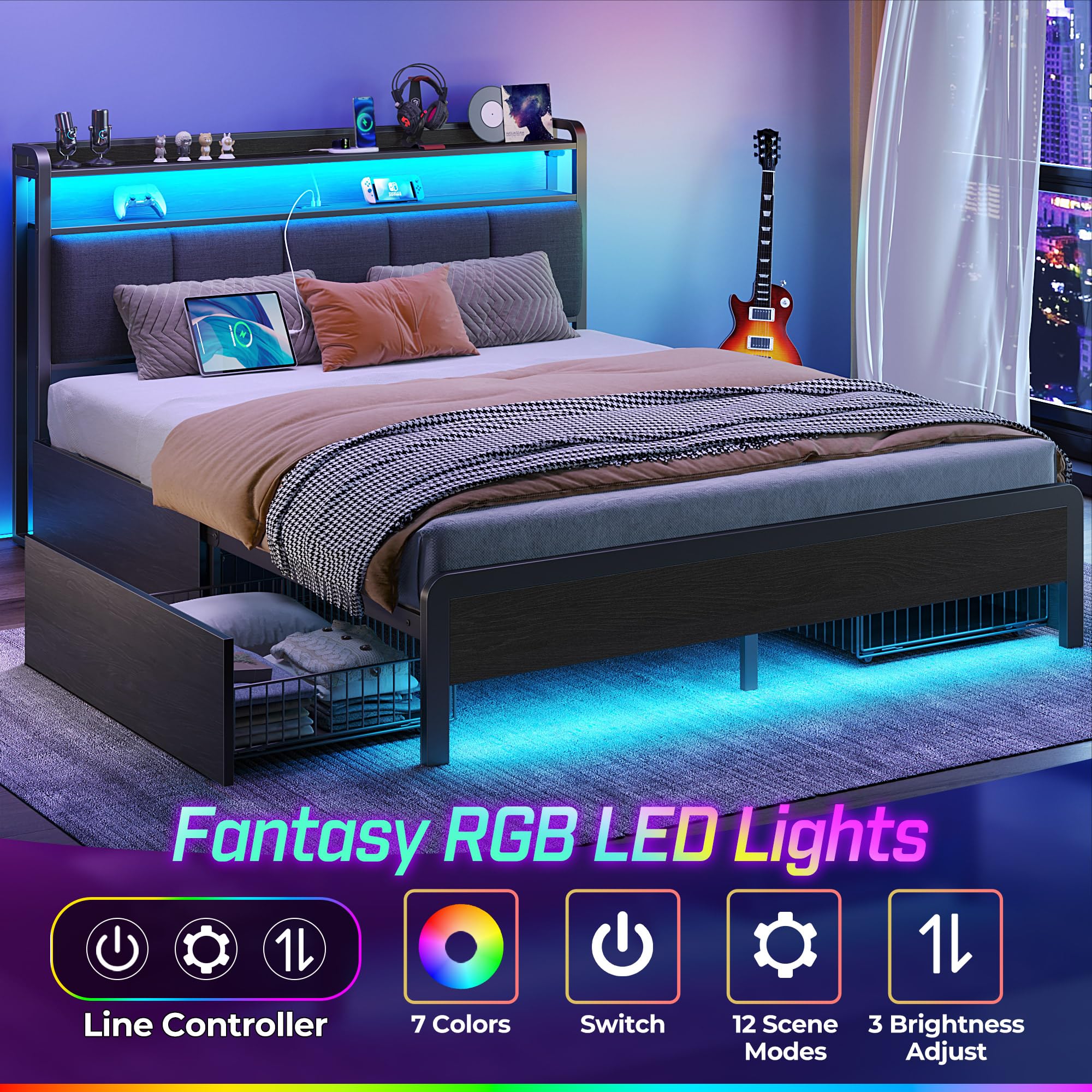 Rolanstar Queen Size Bed Frame with USB Charging Station, LED Lights & Storage Headboard - Heavy Duty Metal Slats, No Box Spring Needed, Noise Free & Easy Assembly - Dark Grey Upholstered Bed for Modern Bedrooms, Guest Rooms & Small Apartments