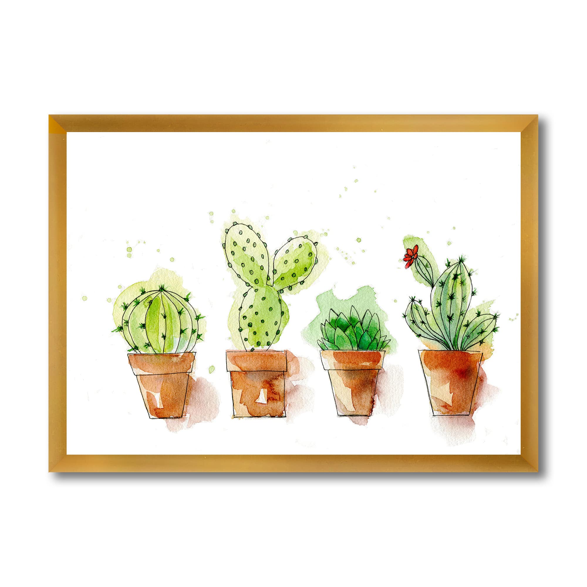 DesignQ Cacti in Ceramic Pots - Traditional Framed Wall Art for Living Room, Bedroom & Office Decor | Gentle Tone Desert Plant Painting