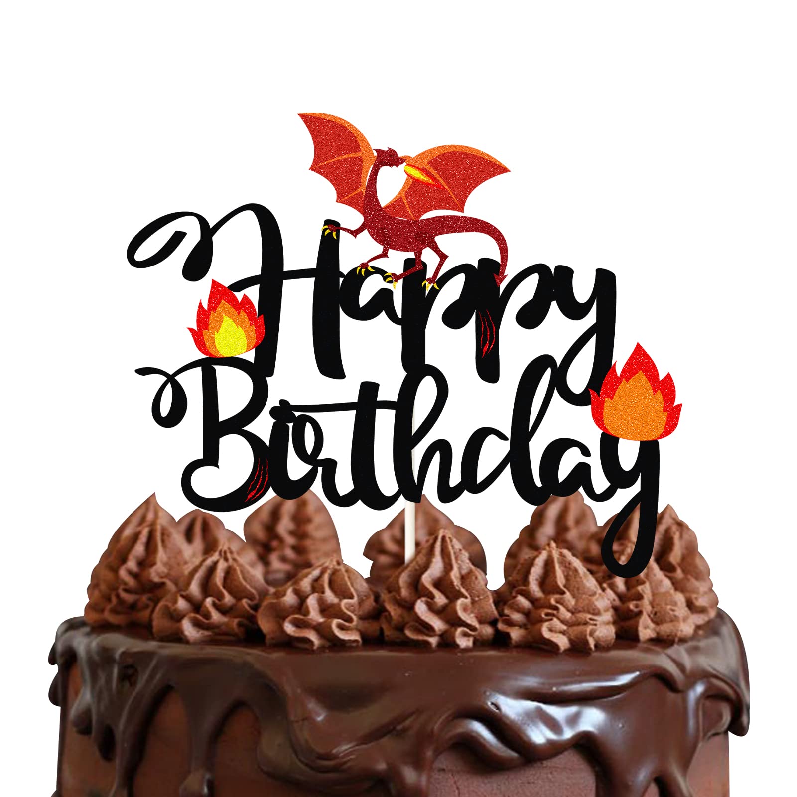 Black Glitter Dragon Happy Birthday Cake Topper - Dragon Knight Theme Party Decor for Kids (Boys & Girls) - Birthday Cake Decoration Supplies for Fantasy Themed Parties & Medieval Celebrations