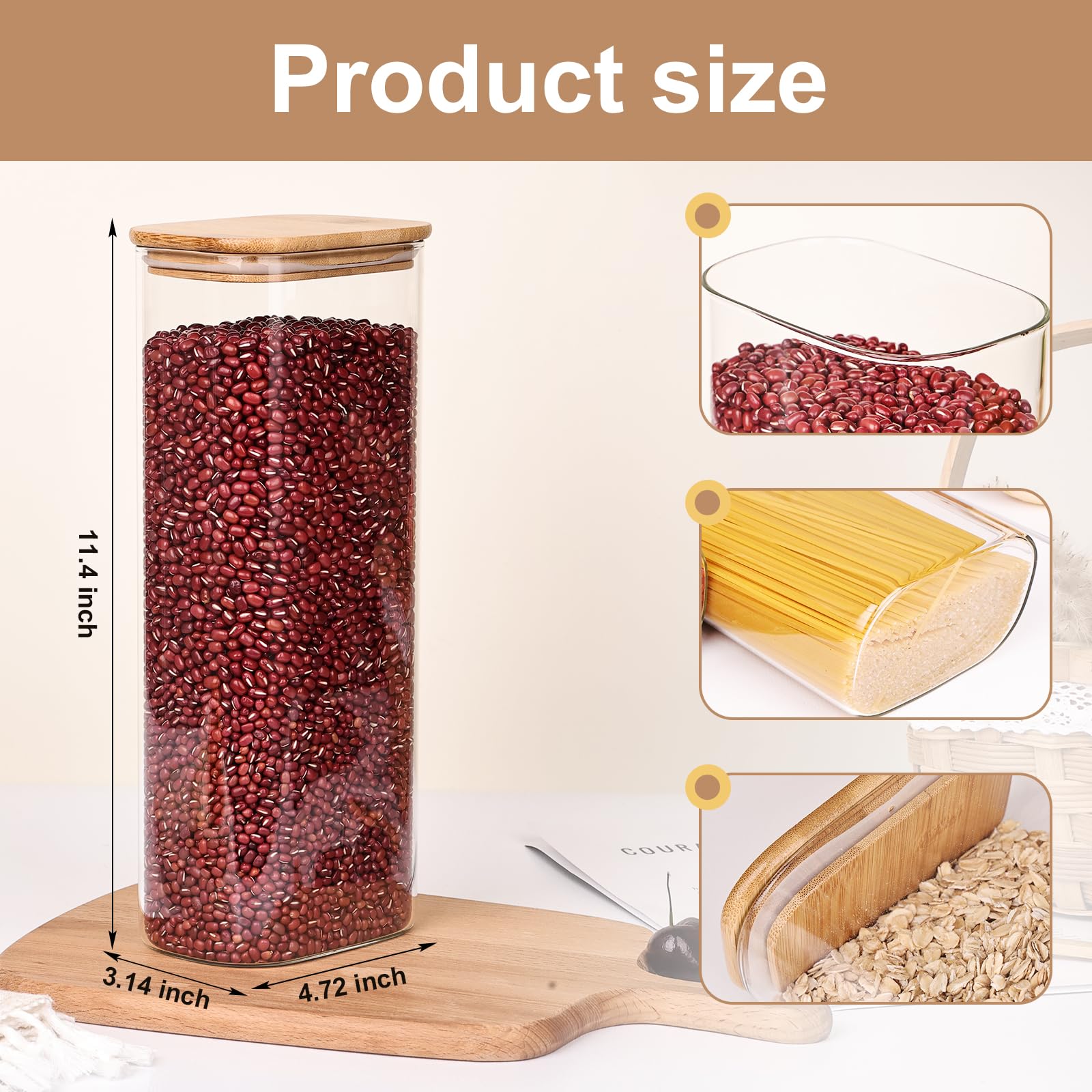 Liuruiyu 3-Piece Glass Storage Jars Set - Airtight Bamboo Lid Clear Food Containers for Kitchen Pantry | Perfect for Storing Candy, Cookies, Rice, Sugar, Flour & Pasta | Stackable Space-Saving Design for Organized Cabinets & Countertops