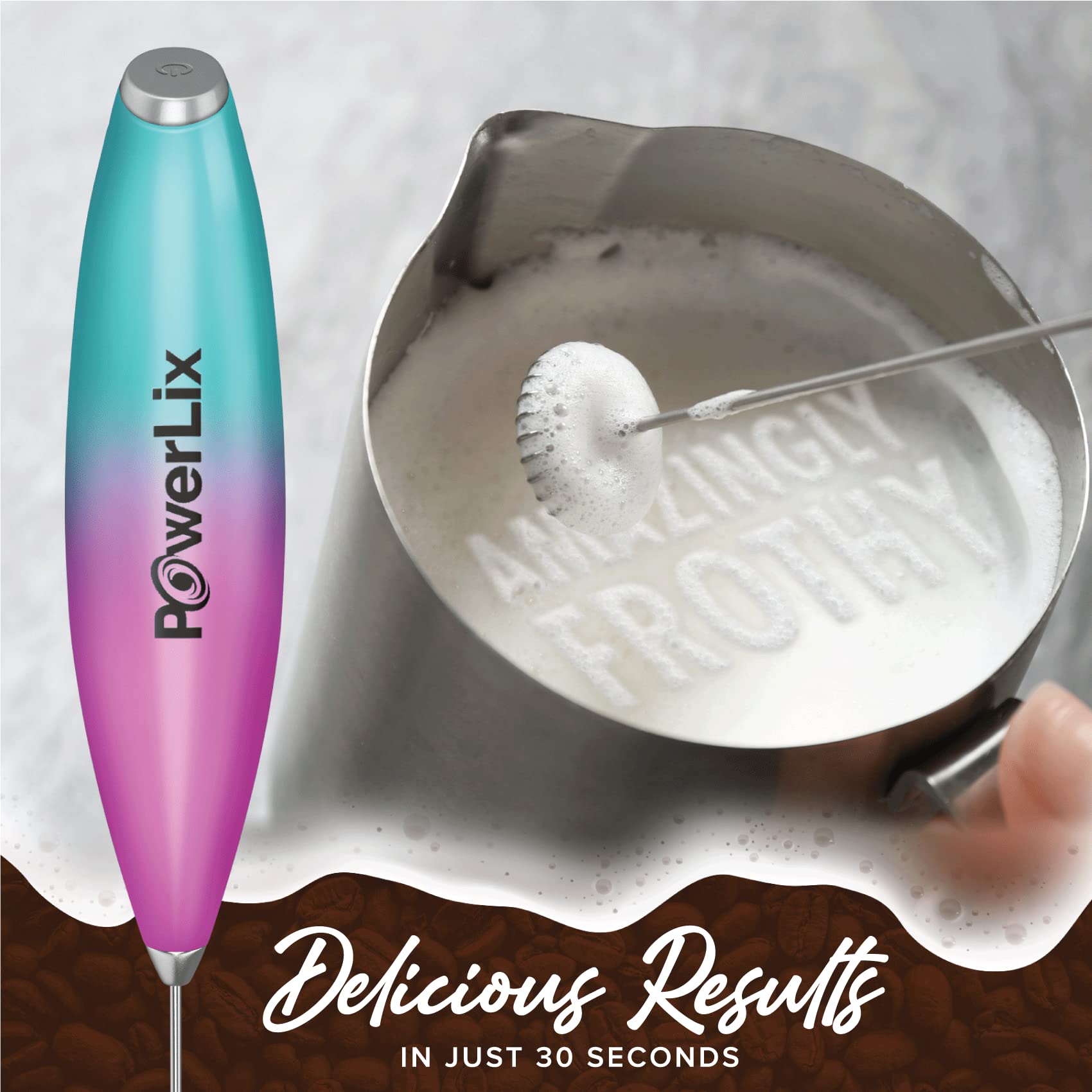 PowerLix Handheld Milk Frother - Battery Operated Foam Maker for Coffee, Latte, Cappuccino & Hot Chocolate - Includes Stand & Whisk - Perfect for Home, Office & Travel (Black/Unicorn)