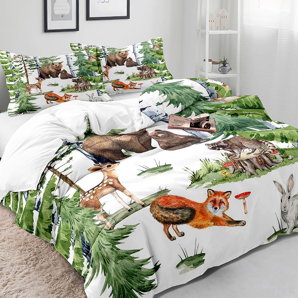 LUVIVIHOME 3-Piece King Size Duvet Cover Set - Cute Deer Bear Fox Rabbit Raccoon Owl Forest Animal Print Bedding for Toddler Boys Girls Kids | Woodland Nursery Decor with 2 Pillow Shams | Perfect for Kids' Bedrooms, Baby Showers & Cozy Nursery Themes
